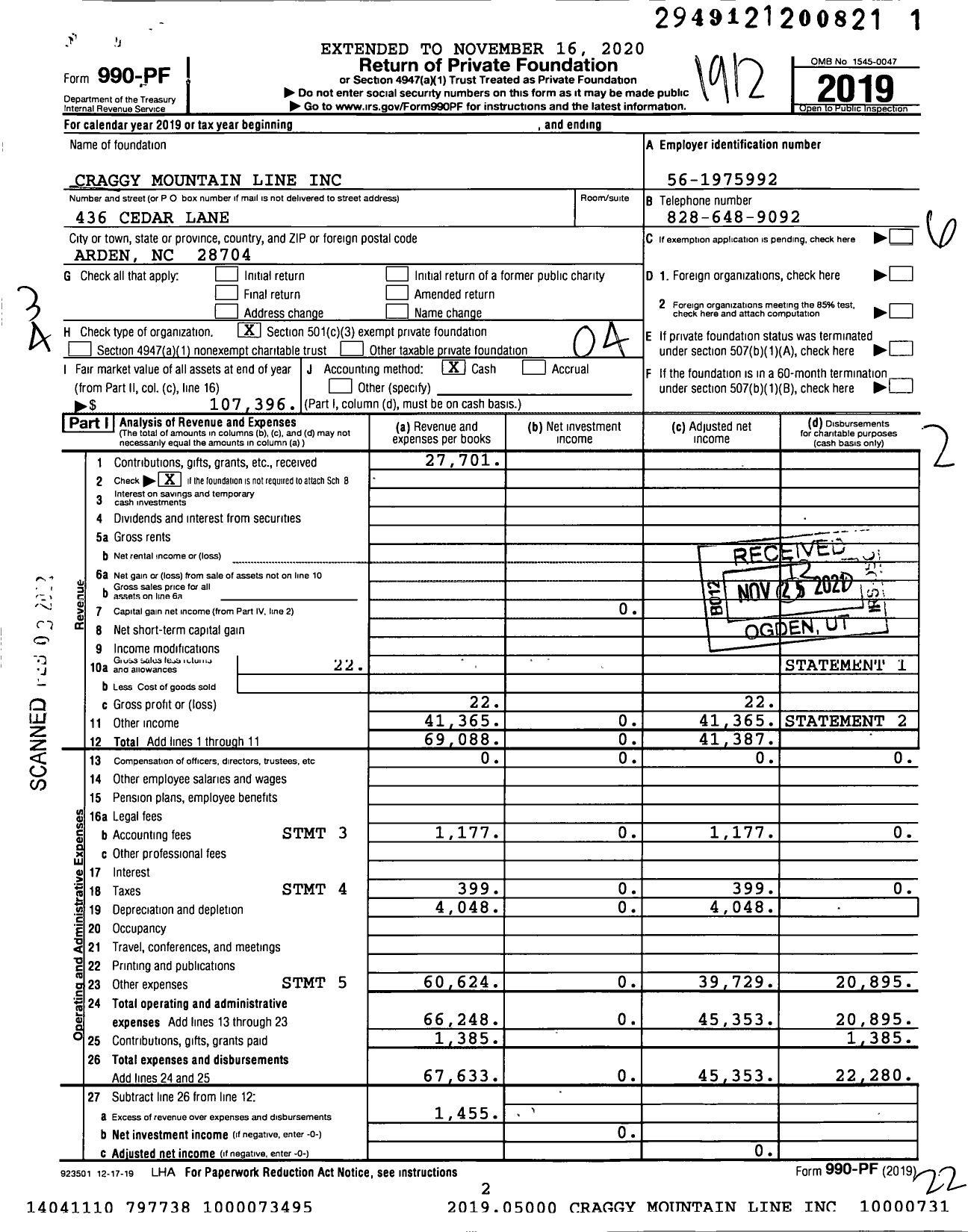 Image of first page of 2019 Form 990PF for Craggy Mountain Line