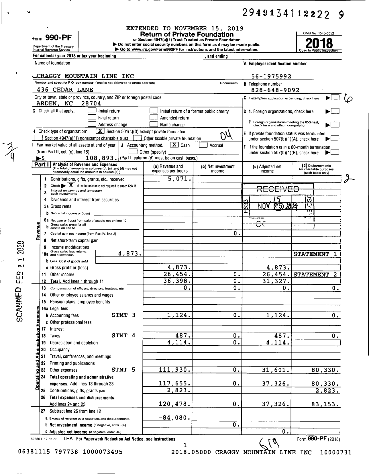 Image of first page of 2018 Form 990PF for Craggy Mountain Line