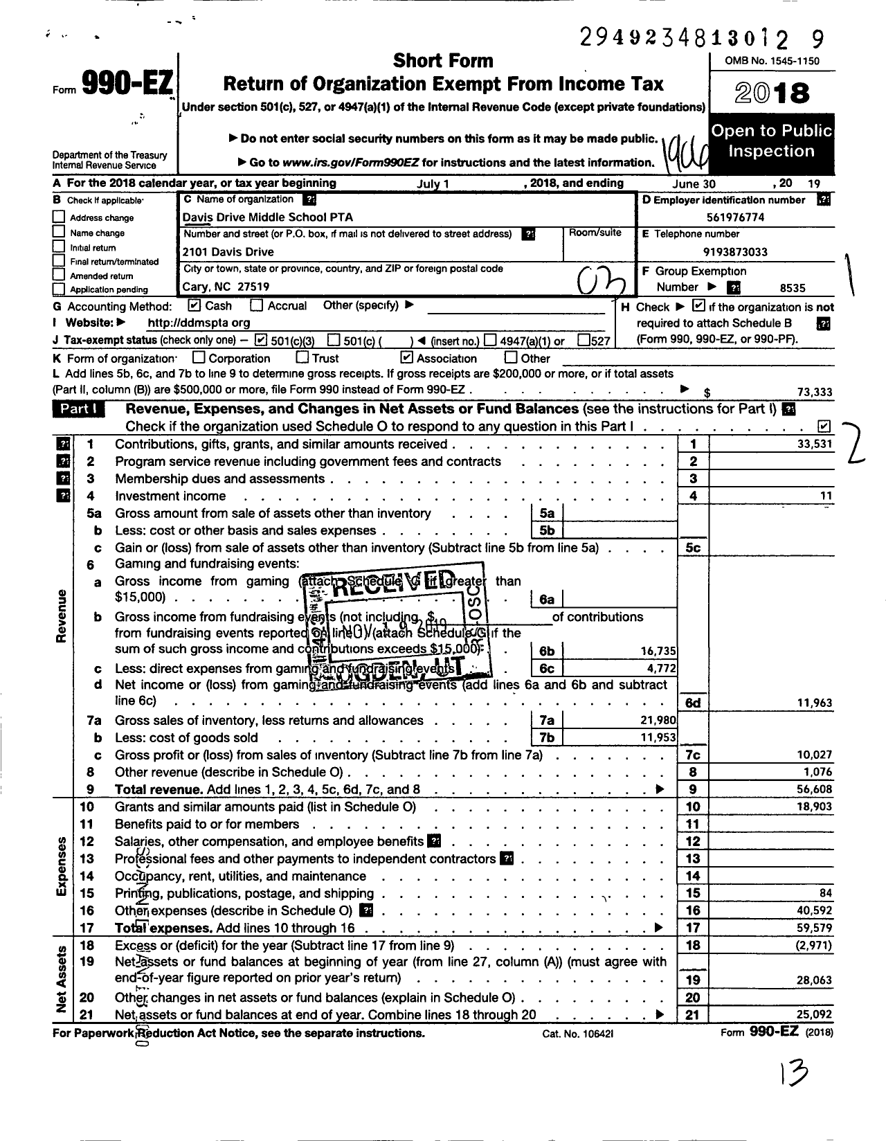 Image of first page of 2018 Form 990EZ for North Carolina PTA - Davis Drive Middle School PTA