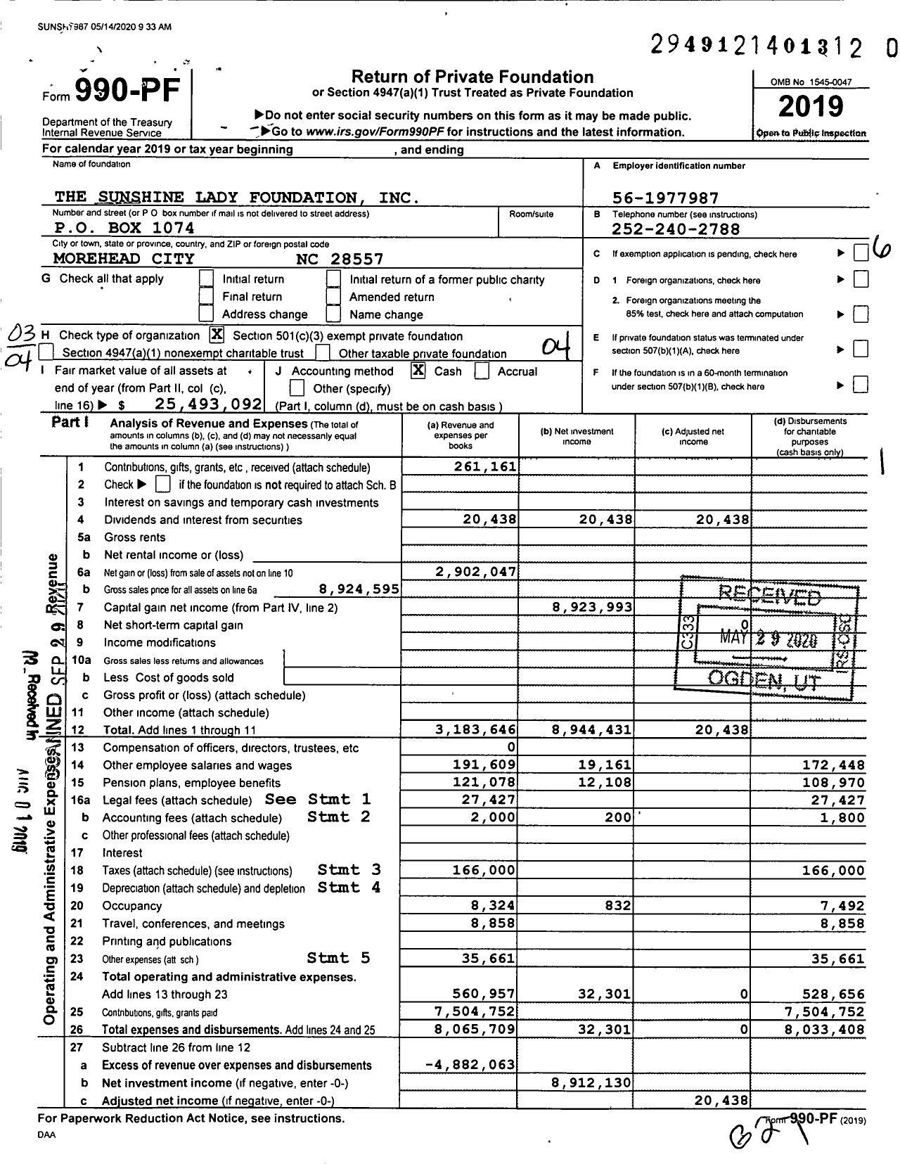 Image of first page of 2019 Form 990PR for Sunshine Lady Foundation