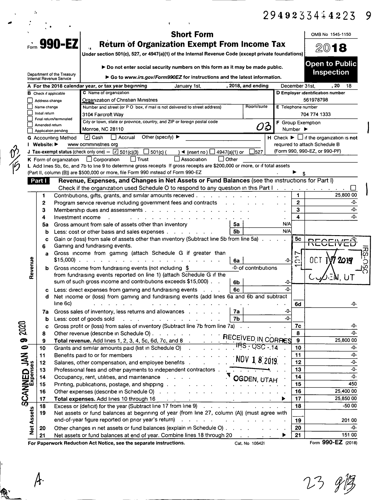 Image of first page of 2018 Form 990EZ for Organization of Christian Ministries