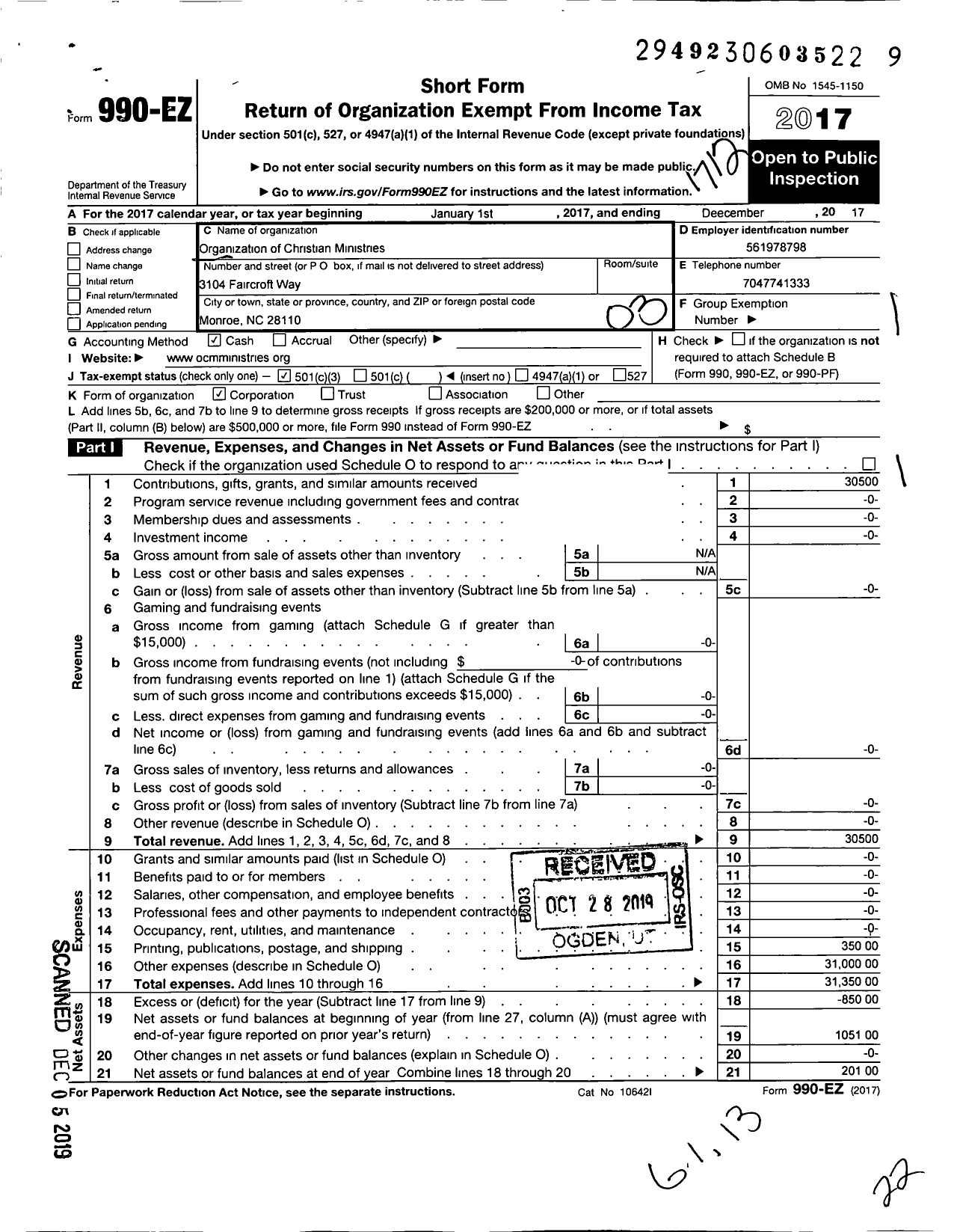 Image of first page of 2017 Form 990EZ for Organization of Christian Ministries