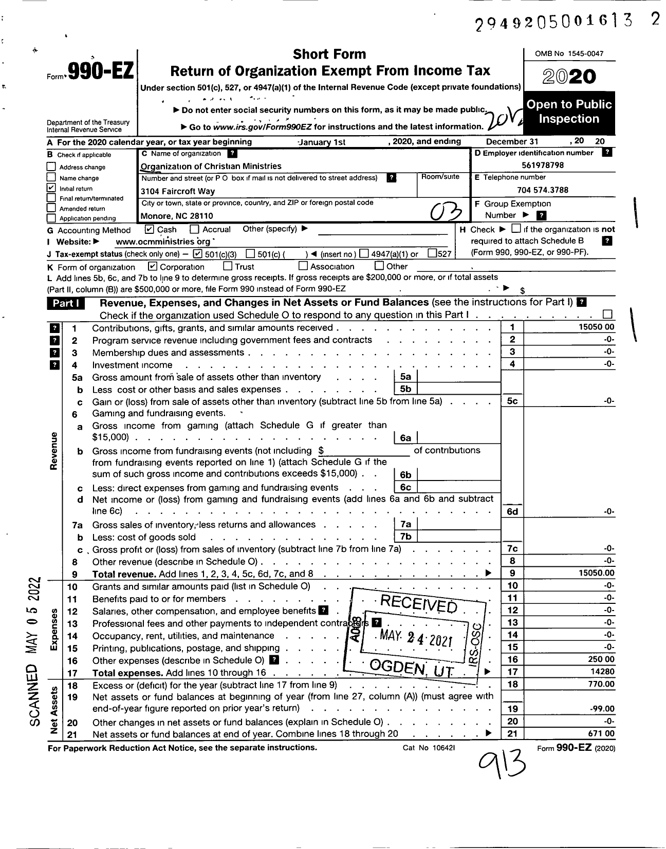 Image of first page of 2020 Form 990EZ for Organization of Christian Ministries