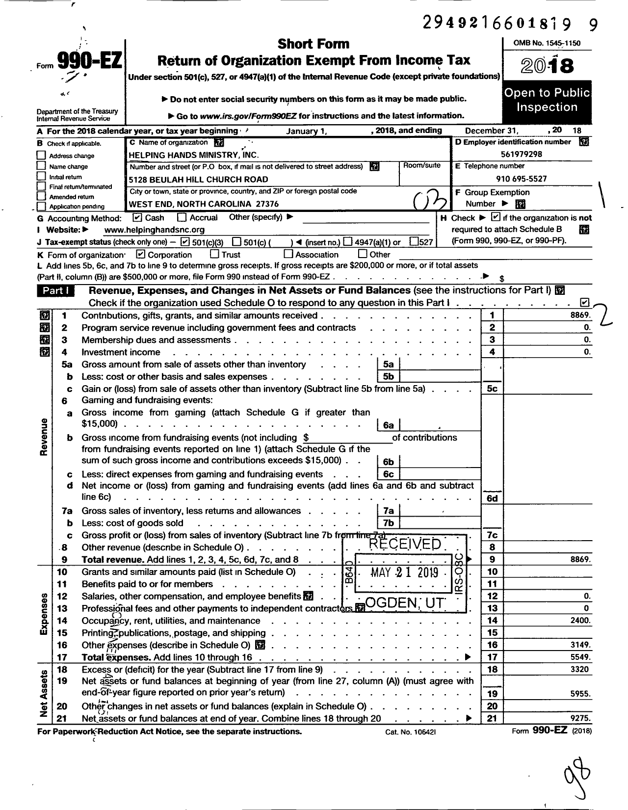 Image of first page of 2018 Form 990EZ for Helping Hands Ministry