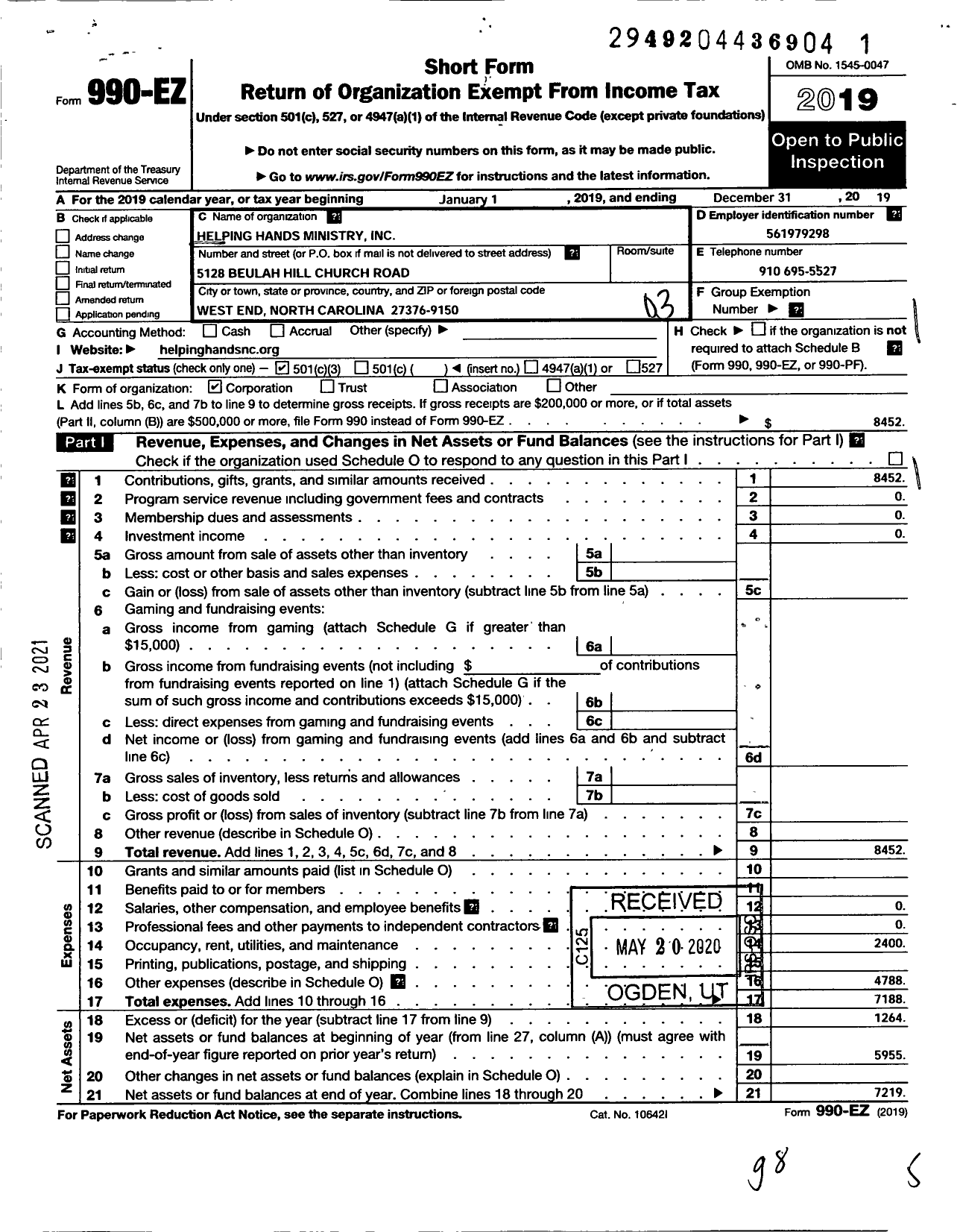 Image of first page of 2019 Form 990EZ for Helping Hands Ministry