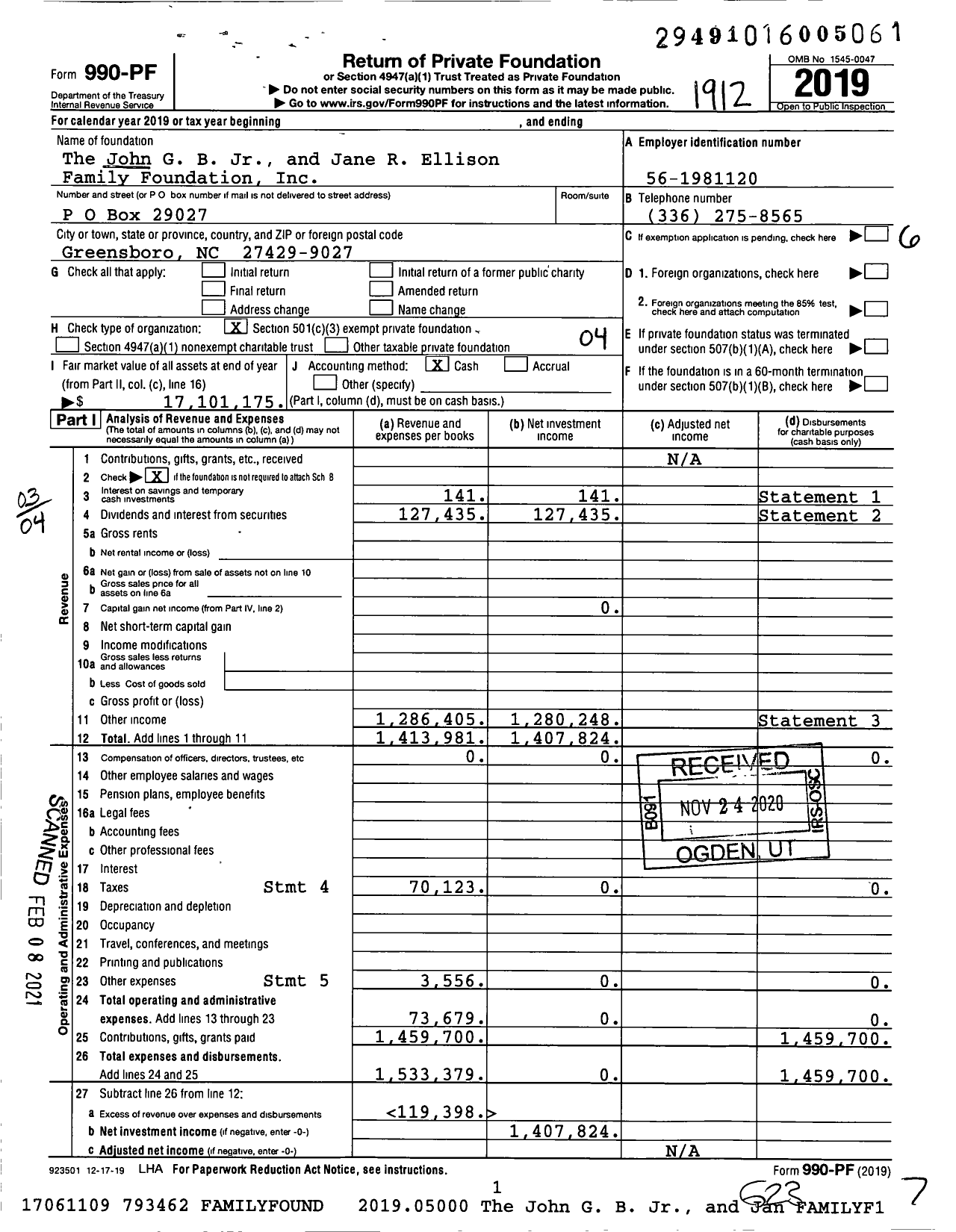 Image of first page of 2019 Form 990PF for The John G B Jr and Jane R Ellison Family Foundation