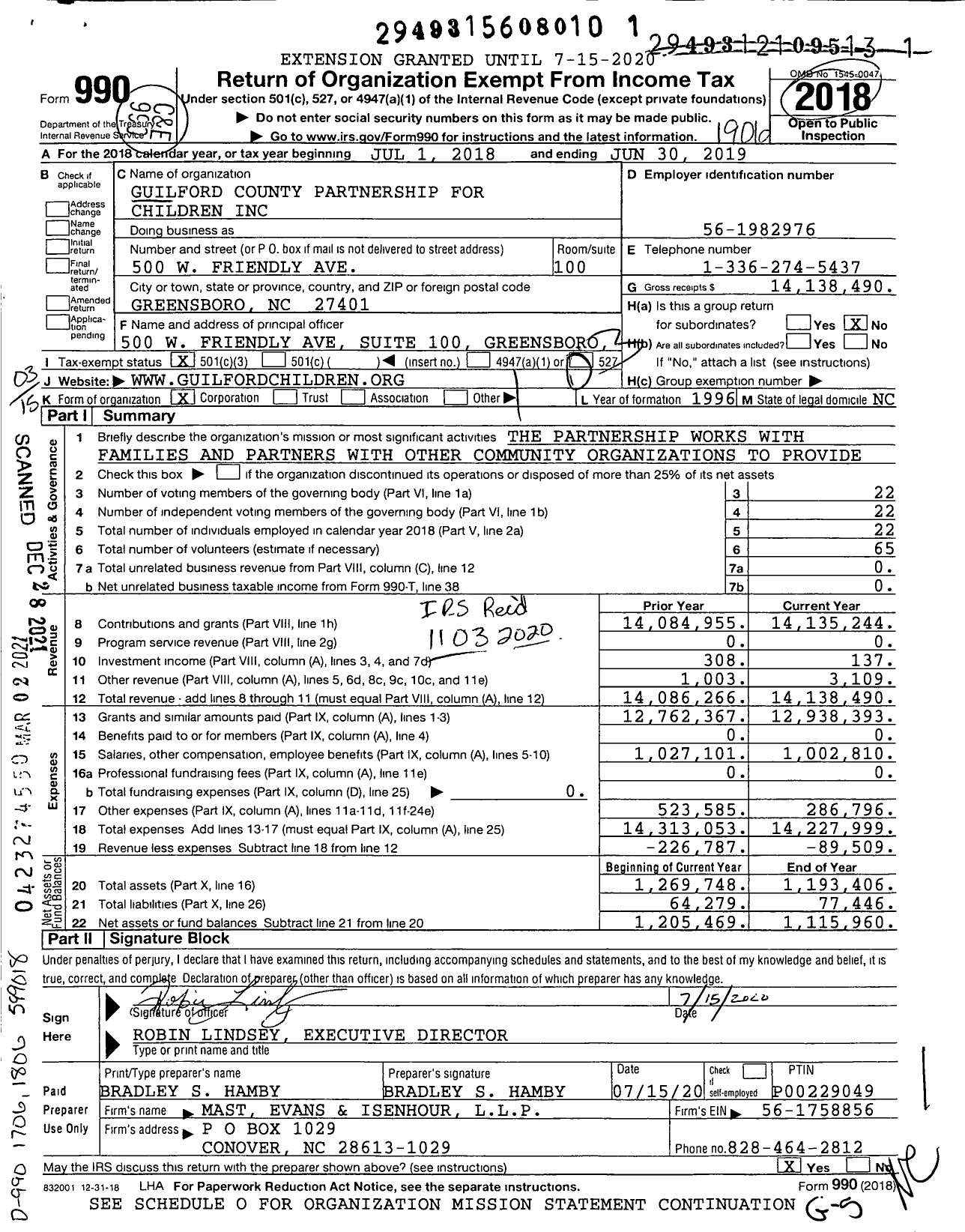 Image of first page of 2018 Form 990 for Guilford County Partnership for Children