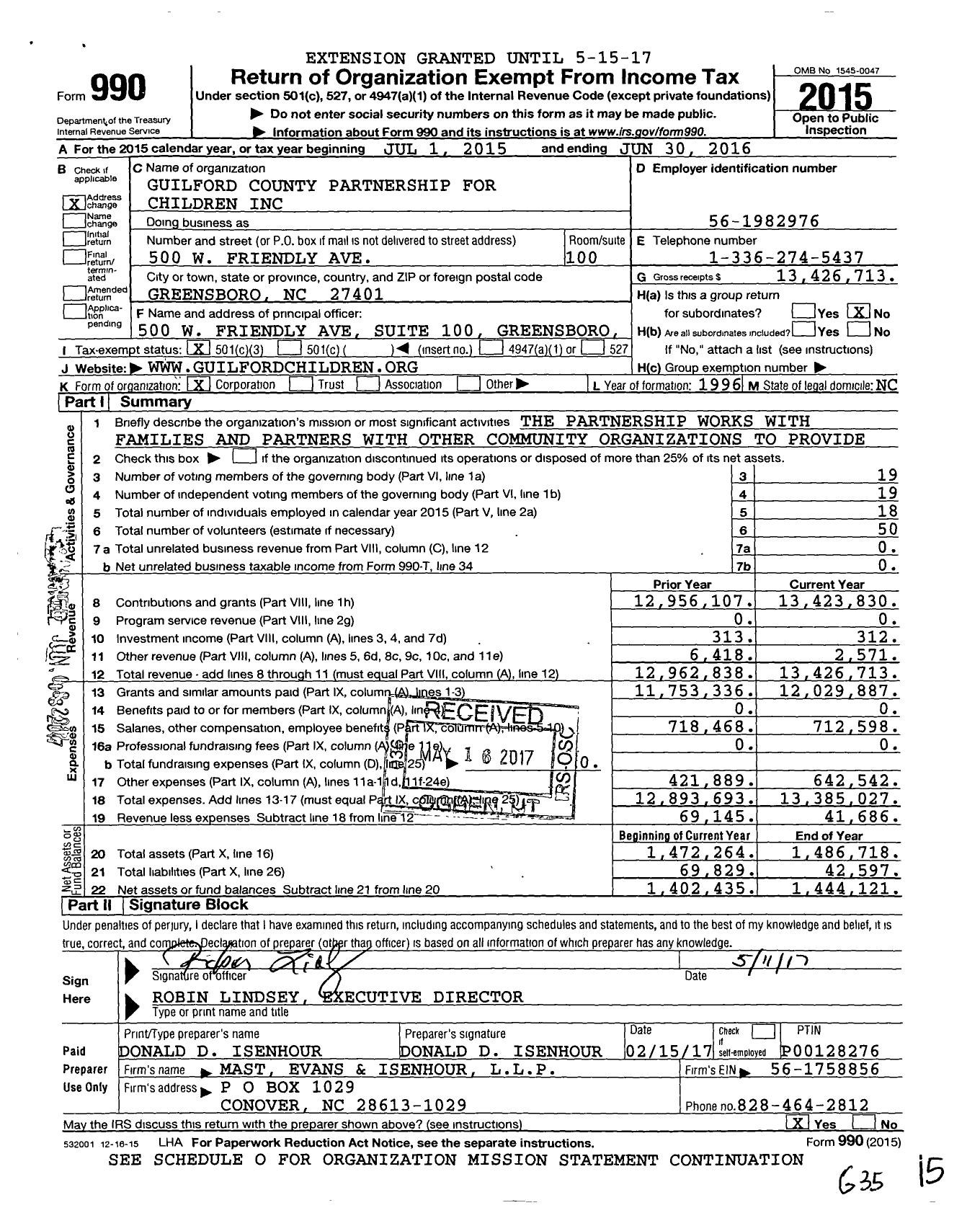 Image of first page of 2015 Form 990 for Guilford County Partnership for Children