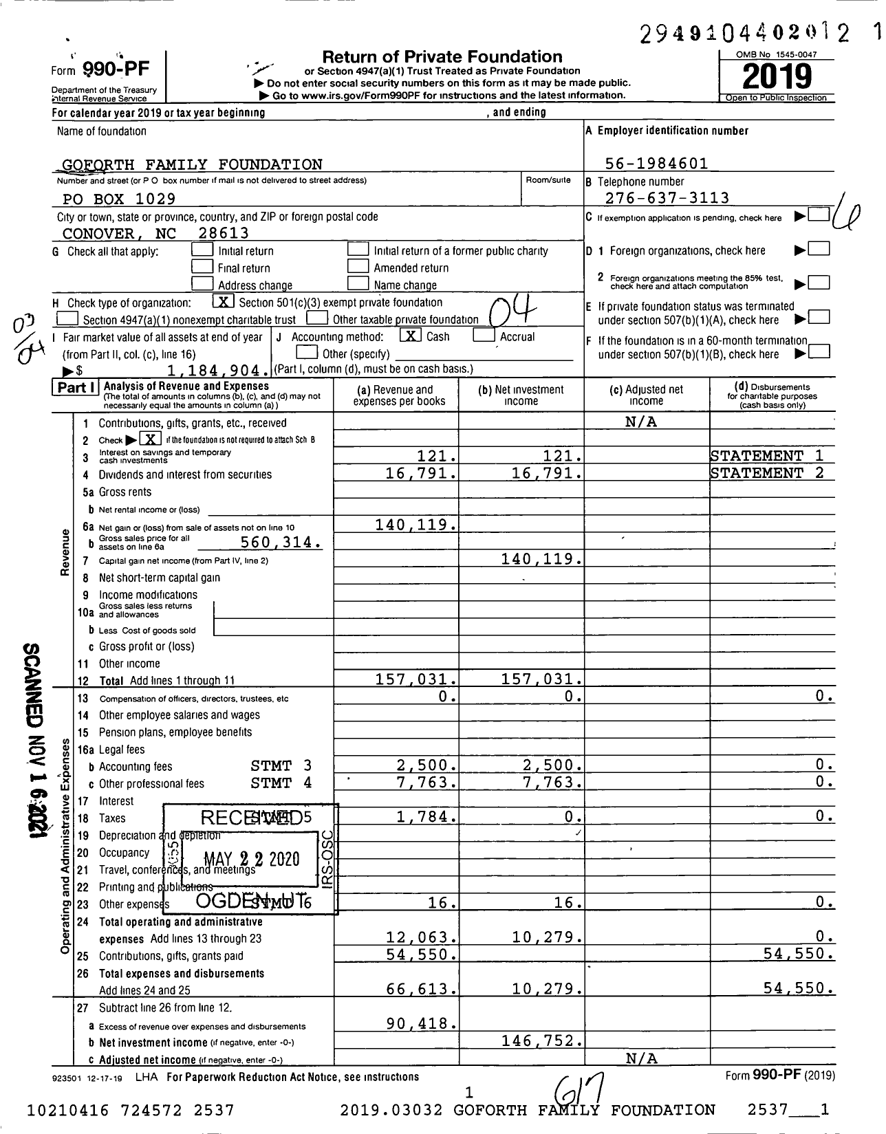 Image of first page of 2019 Form 990PF for Goforth Family Foundation