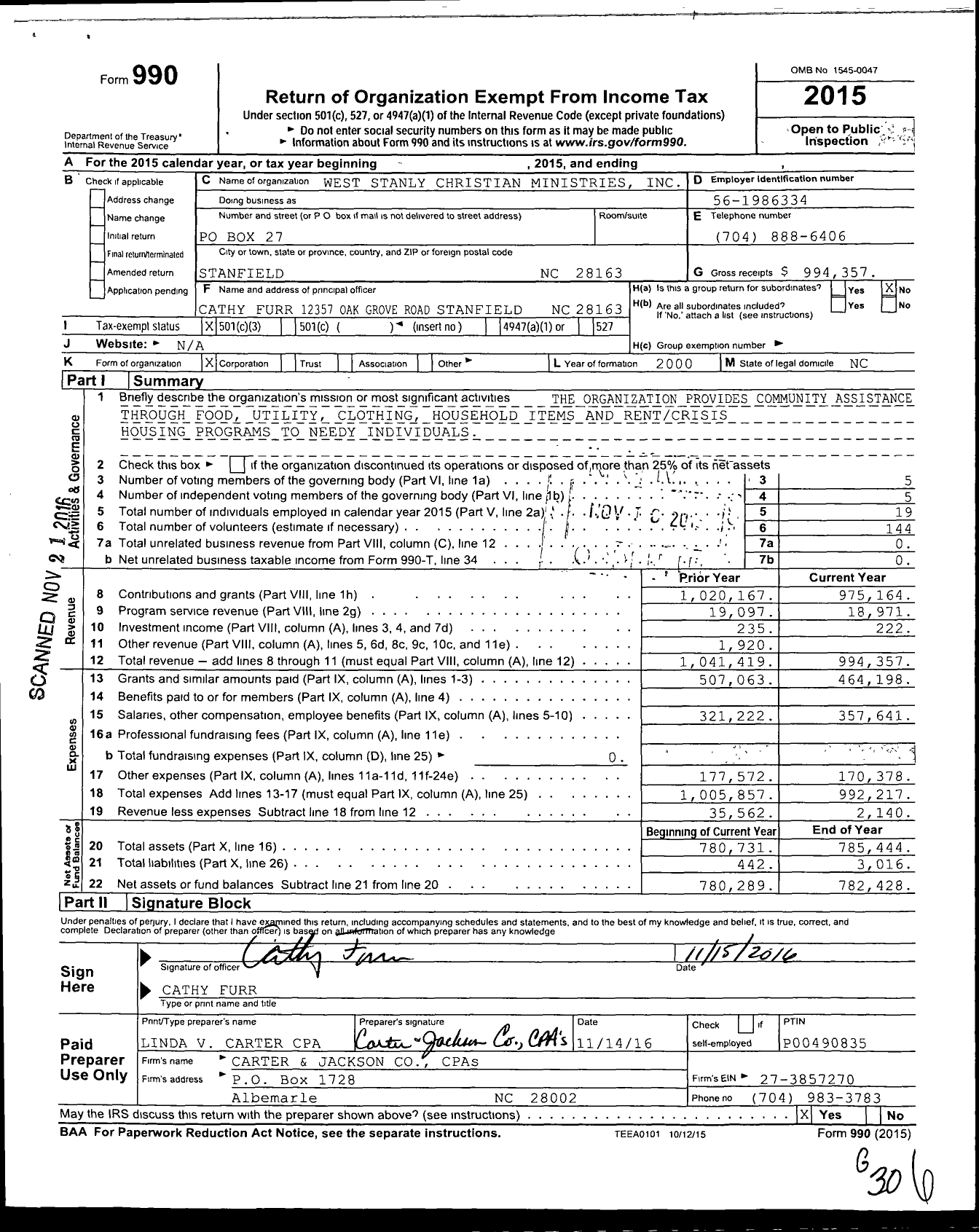 Image of first page of 2015 Form 990 for West Stanly Christian Ministries