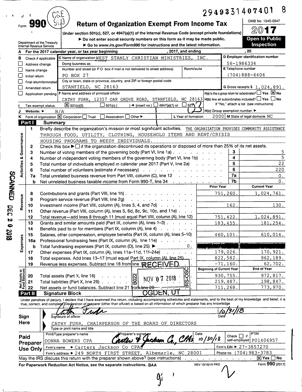 Image of first page of 2017 Form 990 for West Stanly Christian Ministries