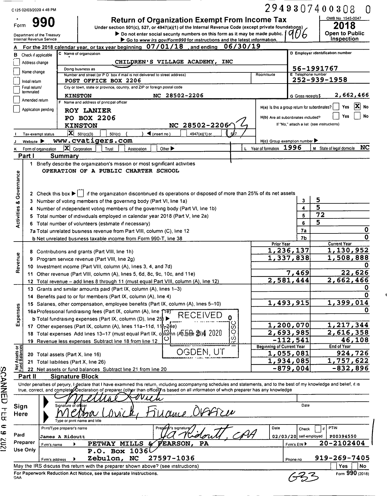 Image of first page of 2018 Form 990 for Children's Village Academy (CVA)