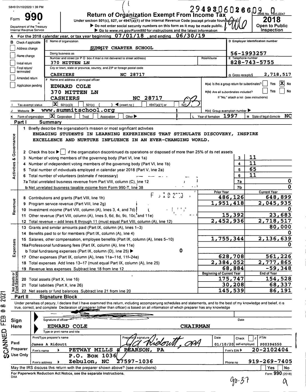 Image of first page of 2018 Form 990 for Summit Charter School