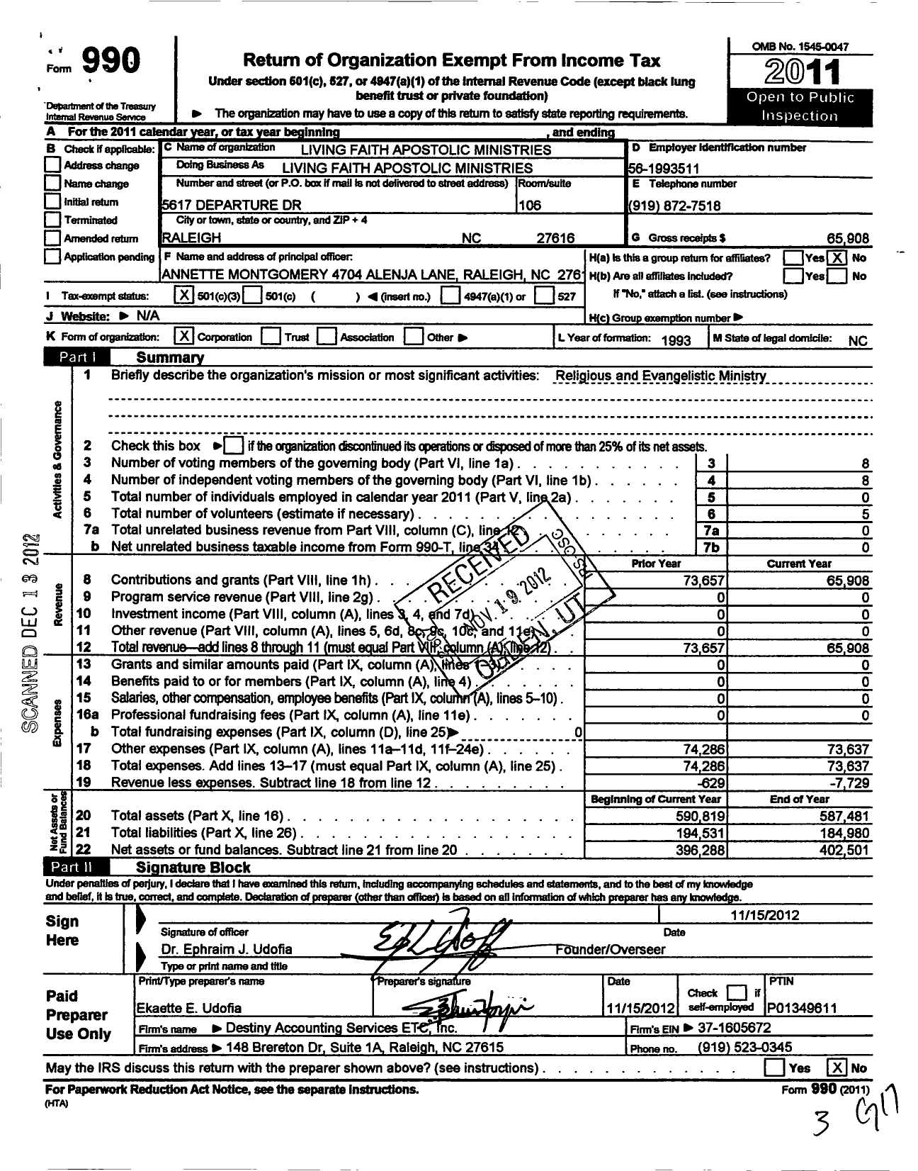 Image of first page of 2011 Form 990 for Living Faith Apostolic Ministries