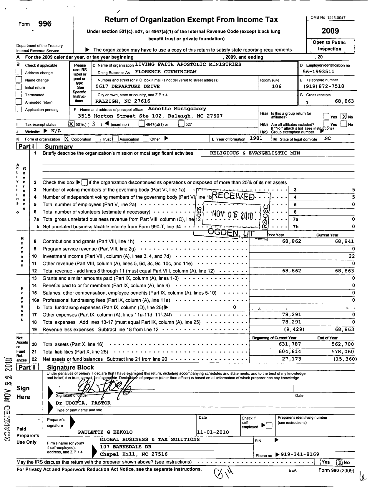 Image of first page of 2009 Form 990 for Living Faith Apostolic Ministries