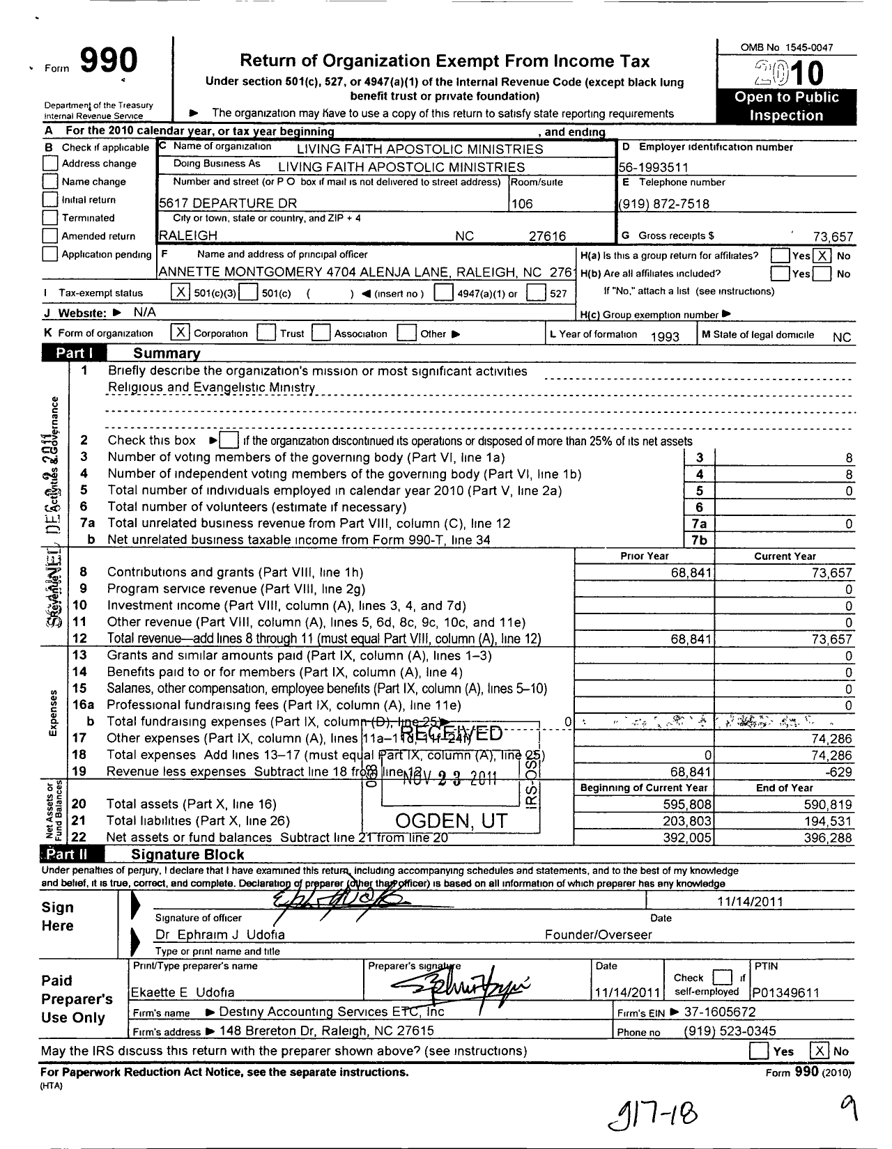 Image of first page of 2010 Form 990 for Living Faith Apostolic Ministries