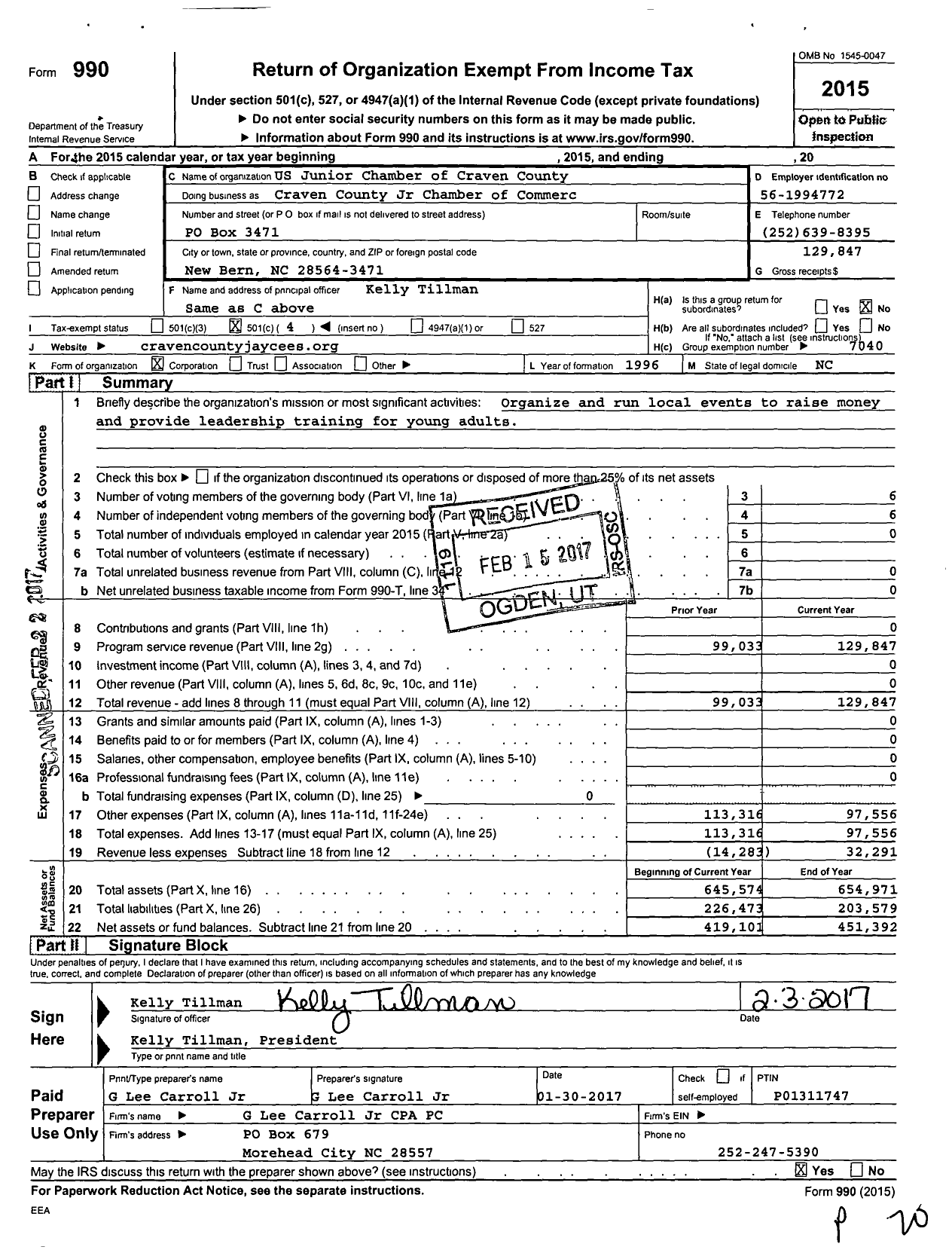 Image of first page of 2015 Form 990O for Craven County Jr Chamber of Commerce