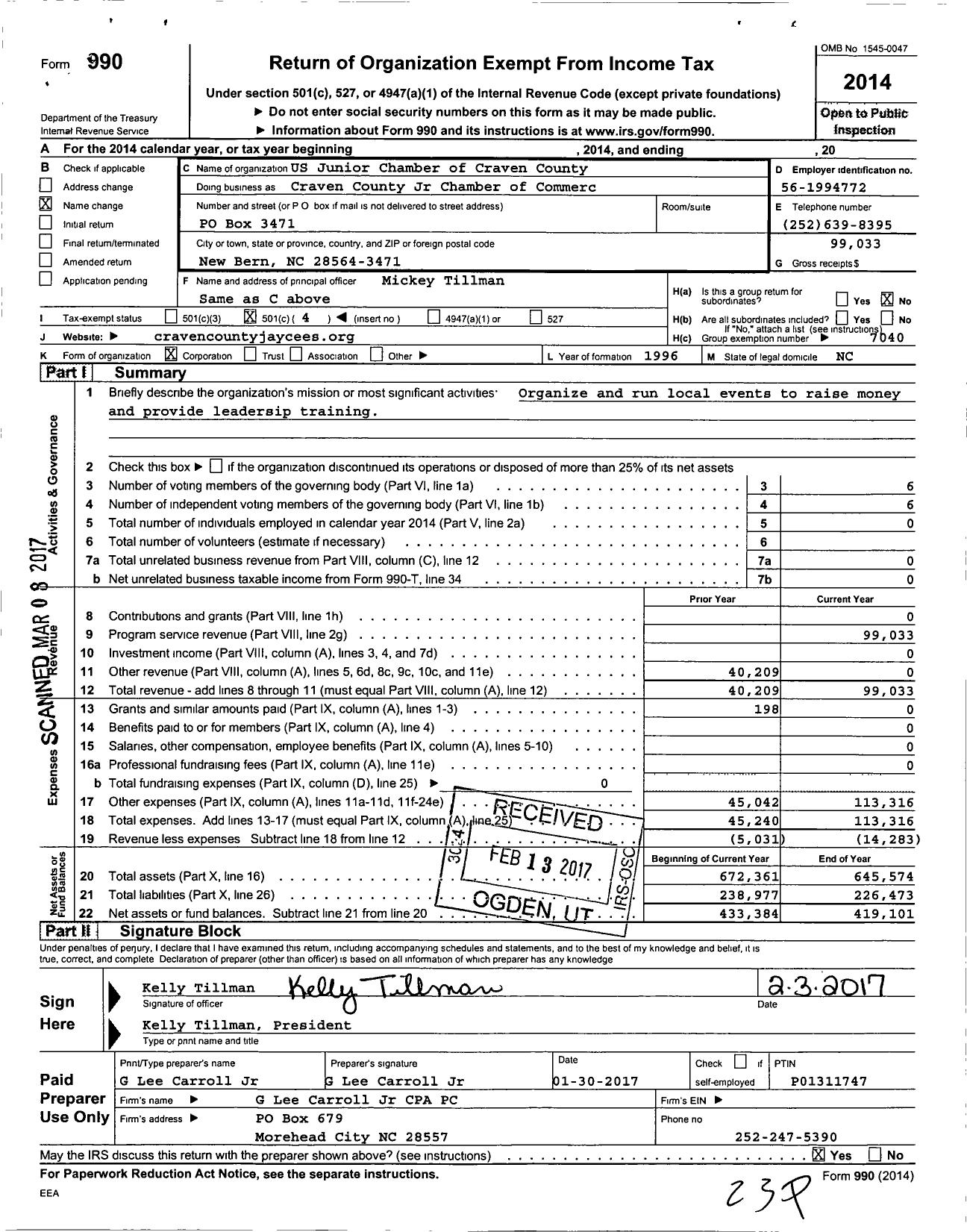 Image of first page of 2014 Form 990O for Craven County Jr Chamber of Commerce