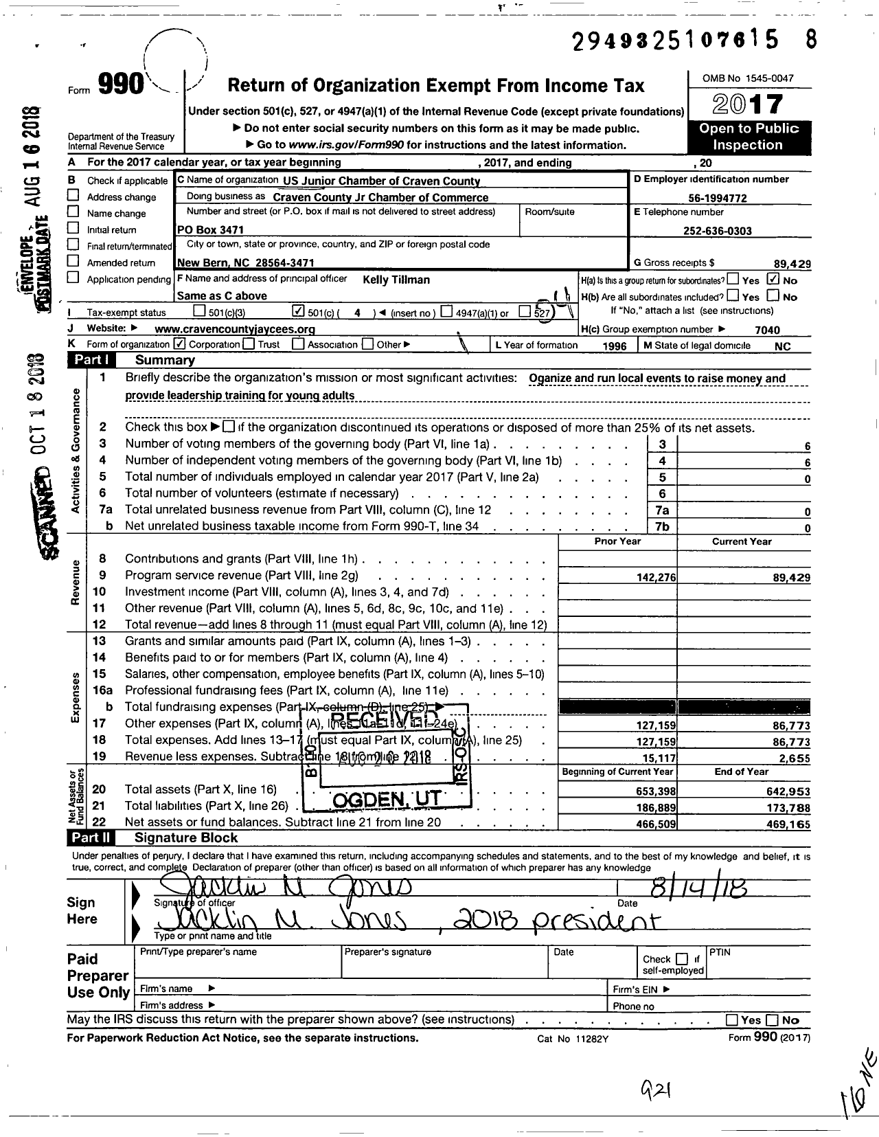 Image of first page of 2017 Form 990O for Craven County Jr Chamber of Commerce