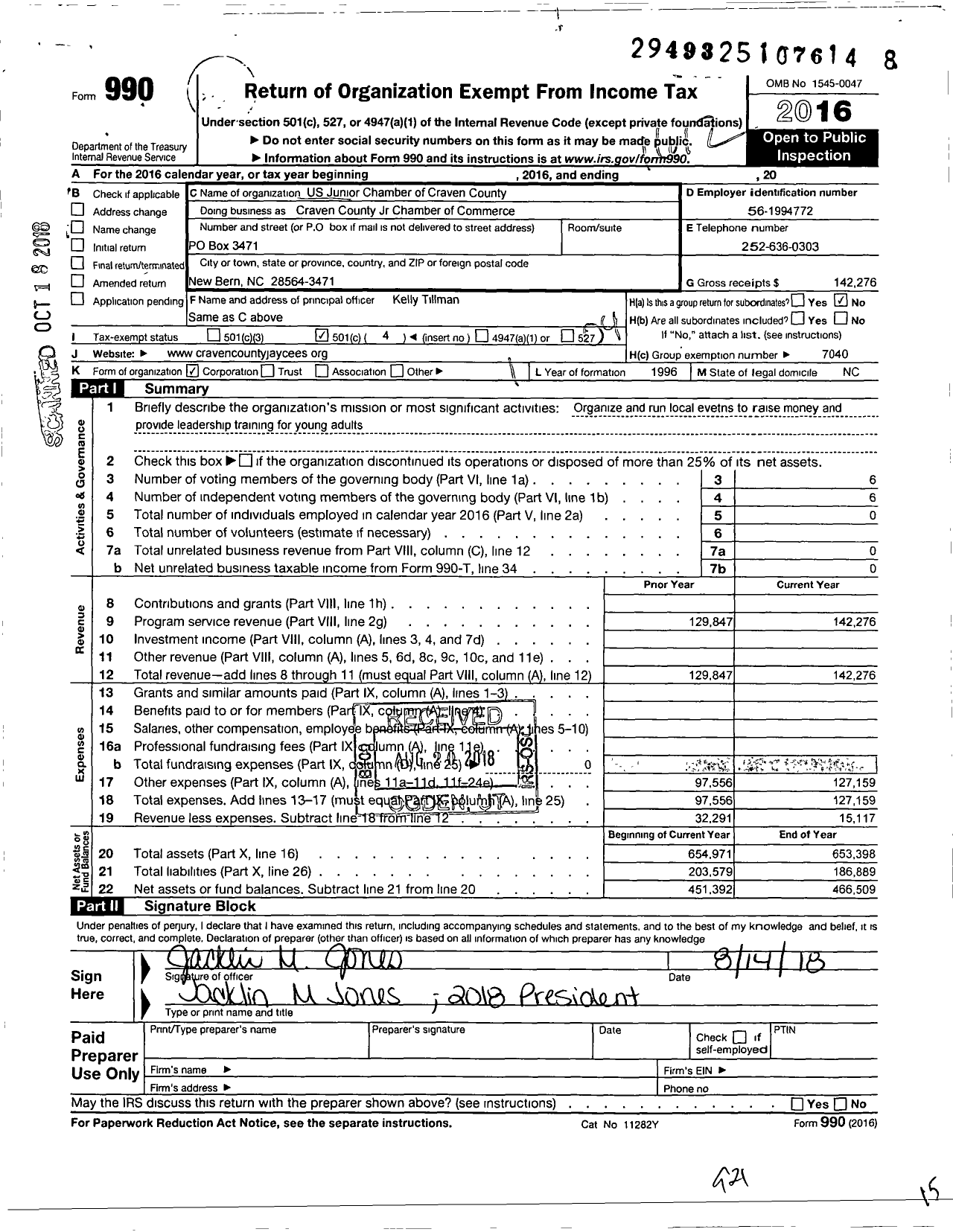 Image of first page of 2016 Form 990O for Craven County Jr Chamber of Commerce