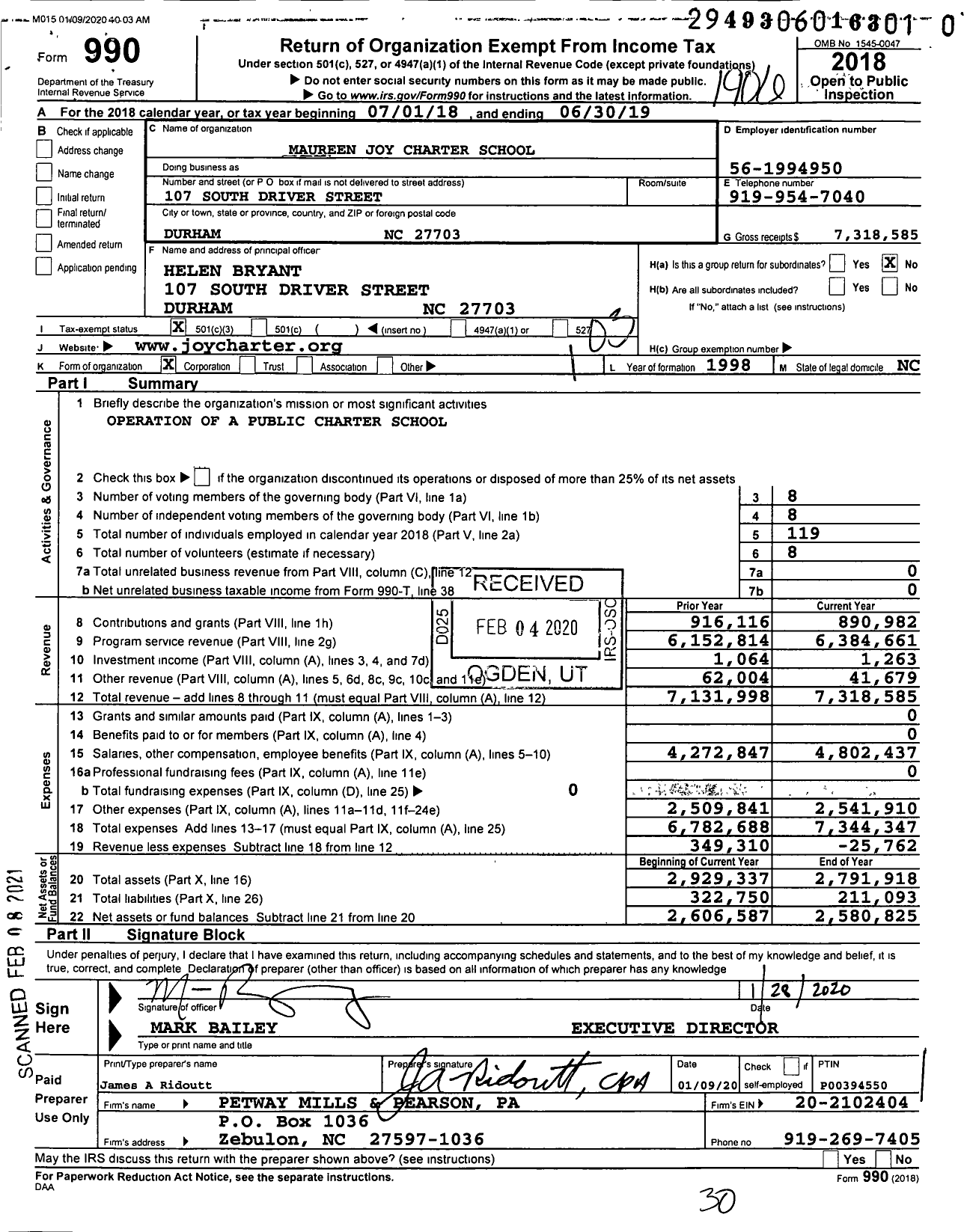 Image of first page of 2018 Form 990 for Maureen Joy Charter School