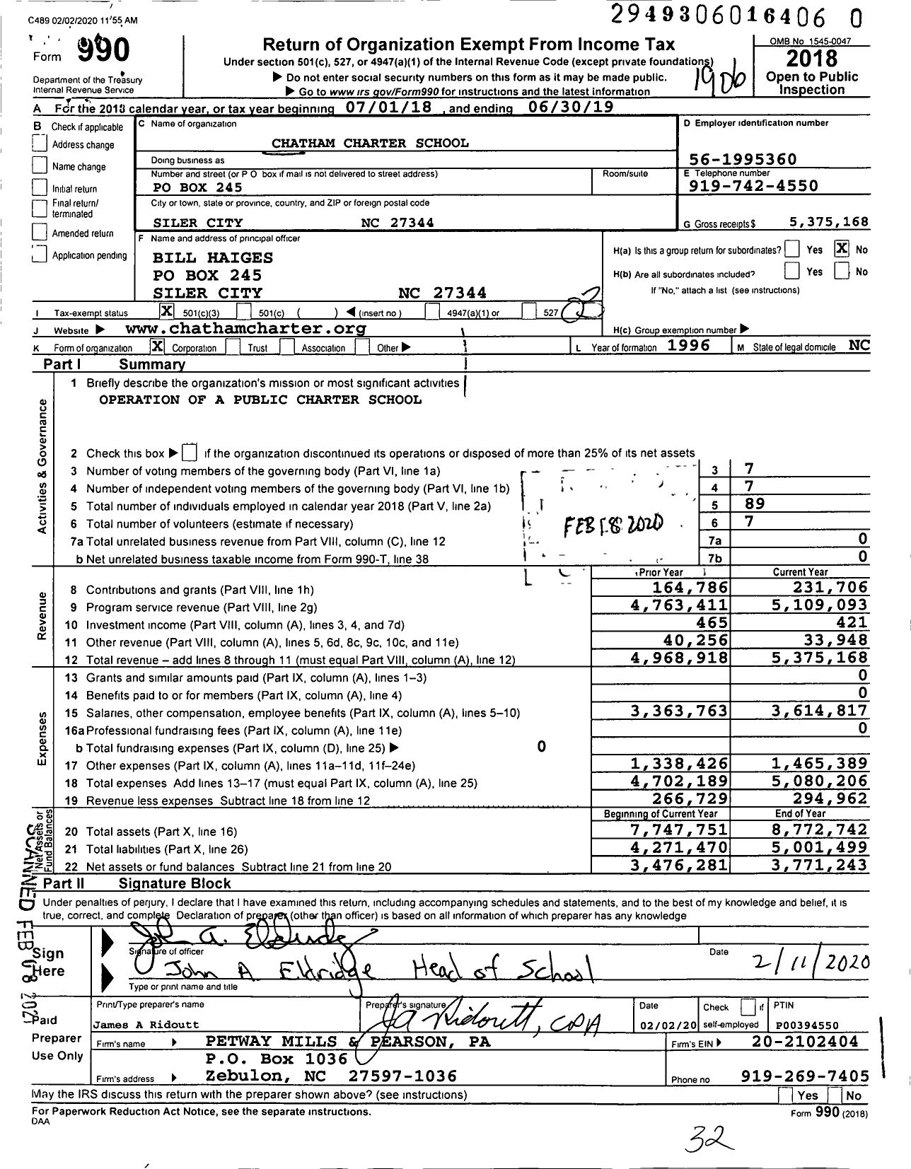 Image of first page of 2018 Form 990 for Chatham Charter School