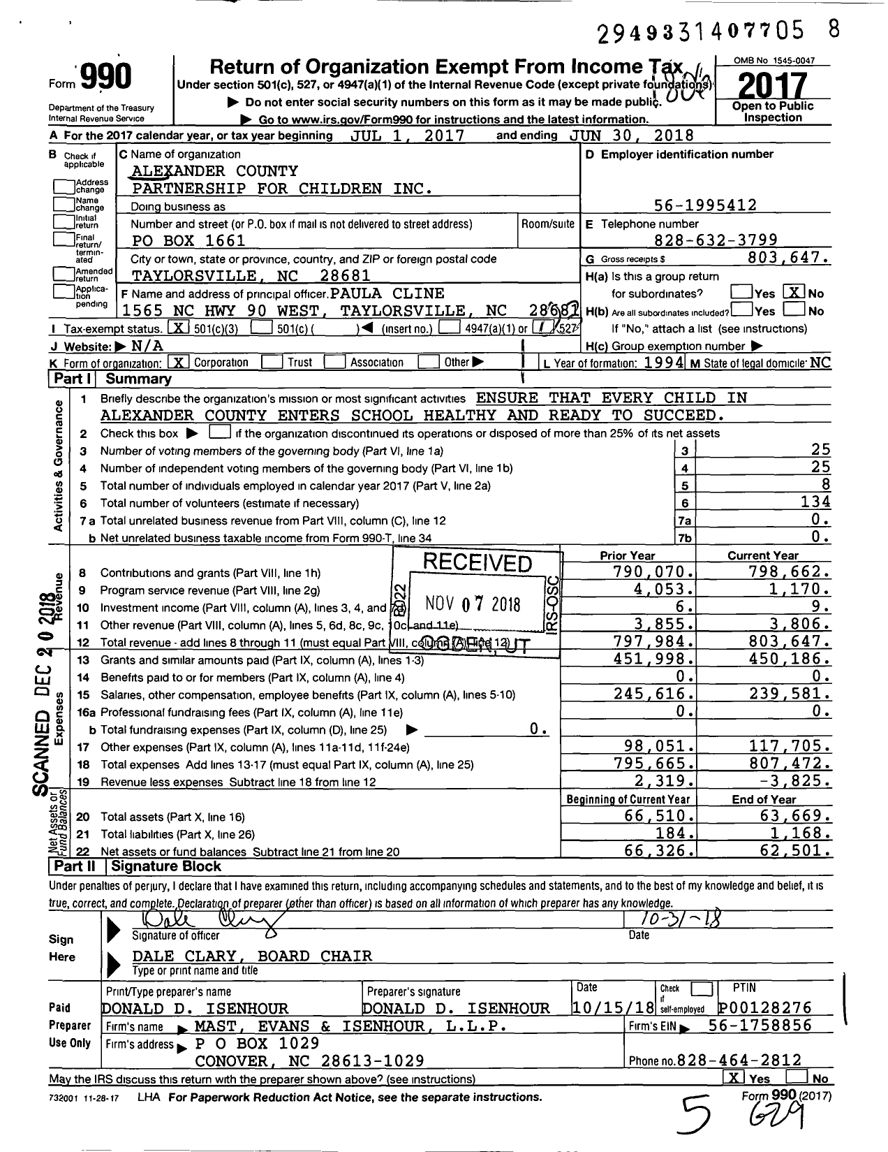 Image of first page of 2017 Form 990 for Alexander County Partnership for Children (ACPC)