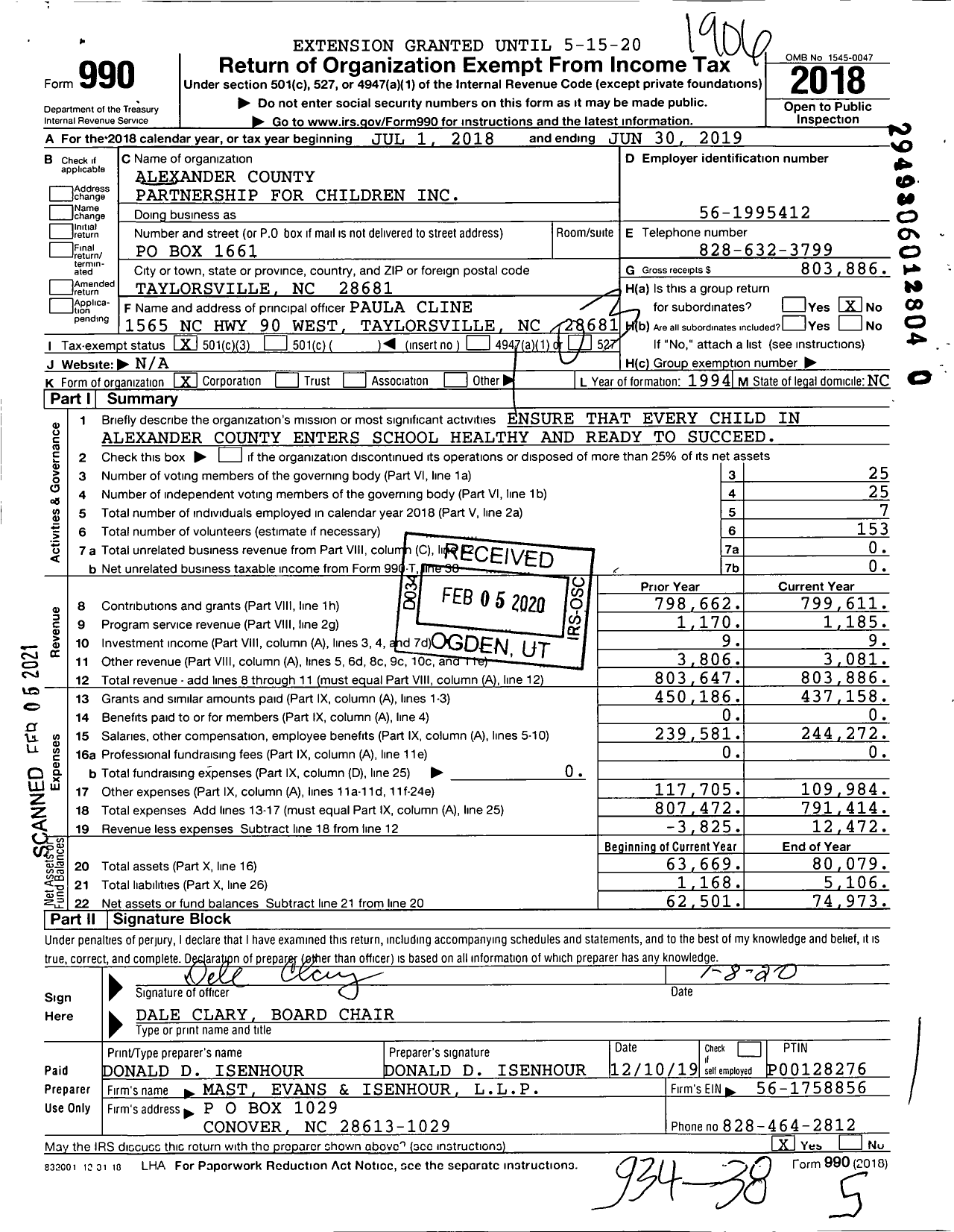Image of first page of 2018 Form 990 for Alexander County Partnership for Children (ACPC)