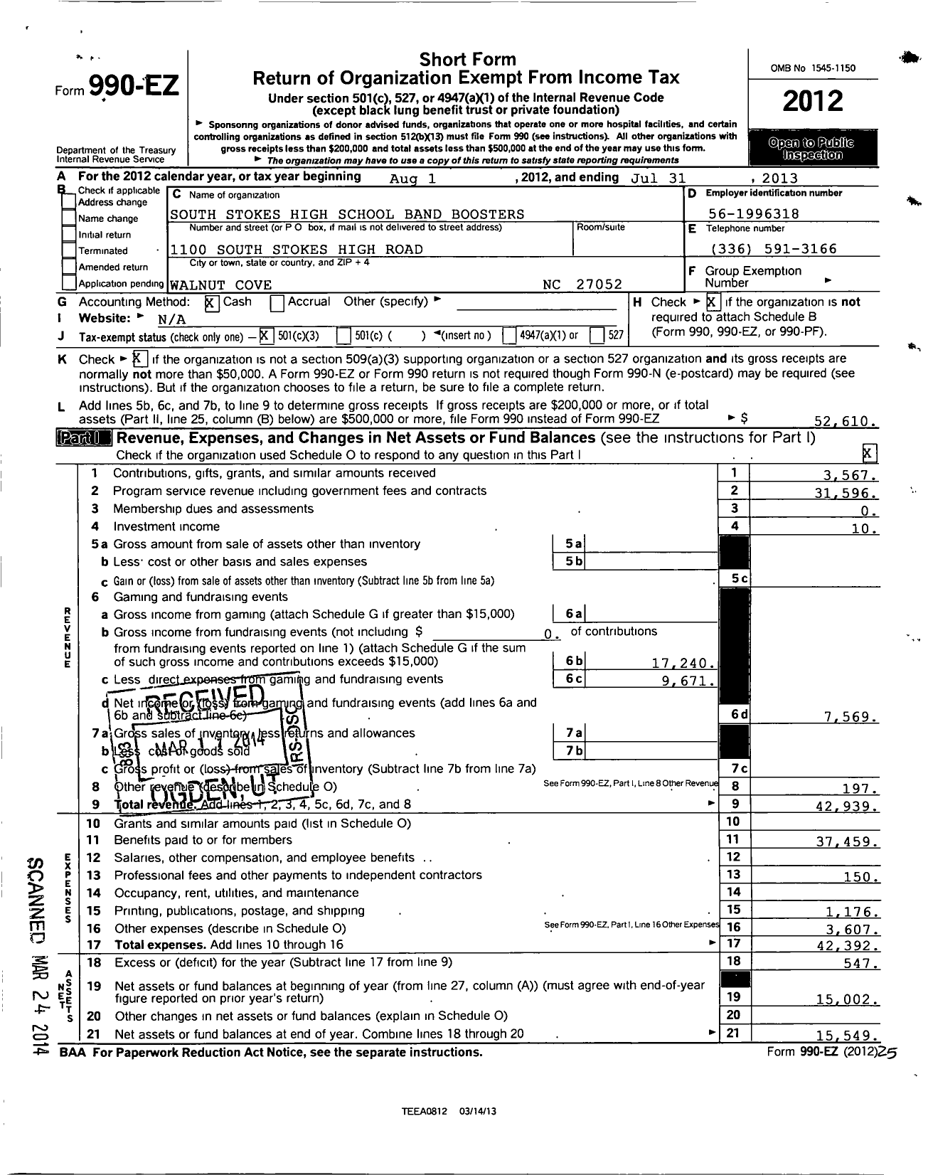 Image of first page of 2012 Form 990EZ for South Stokes High School Band Boosters