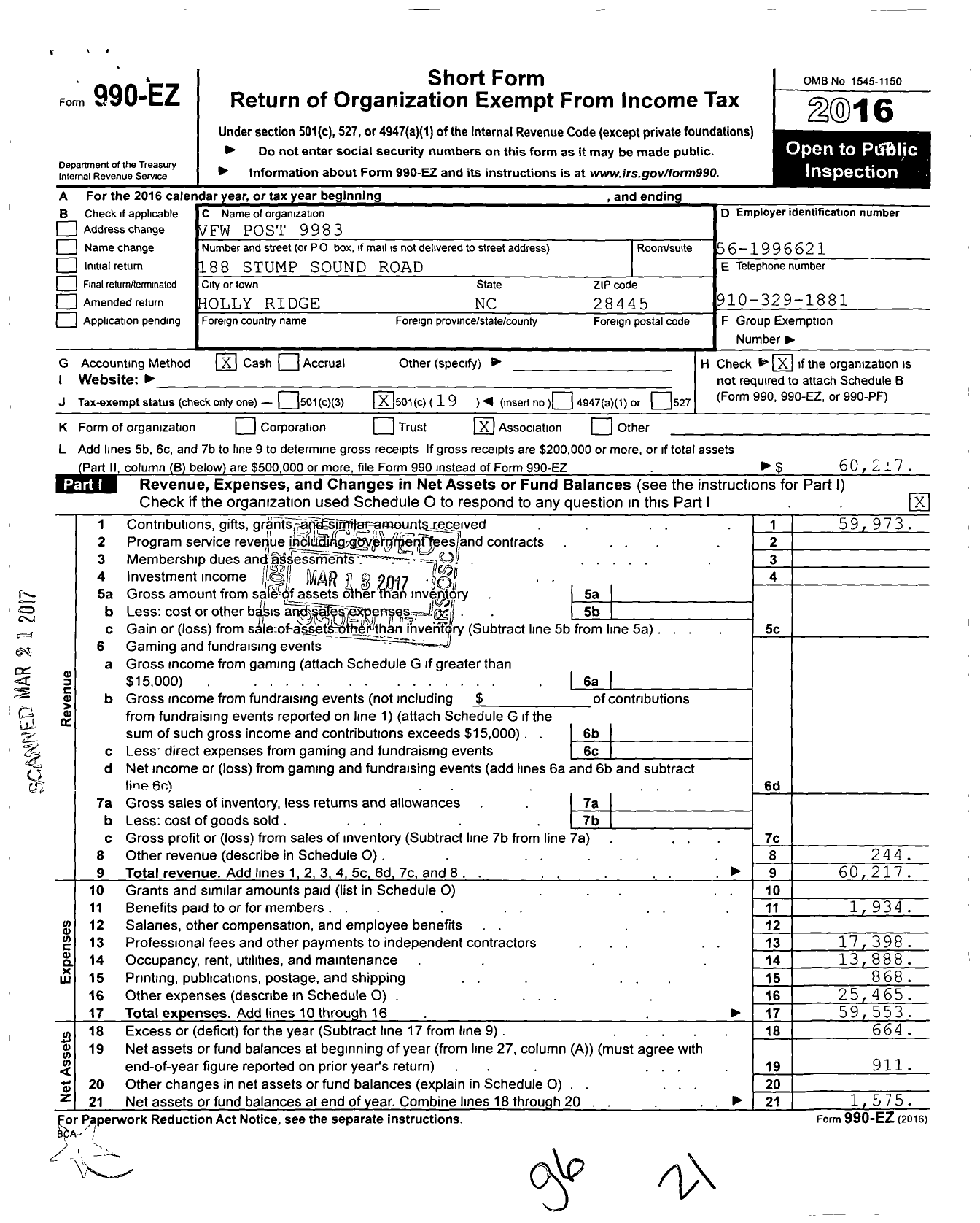 Image of first page of 2016 Form 990EO for VFW Post 9983