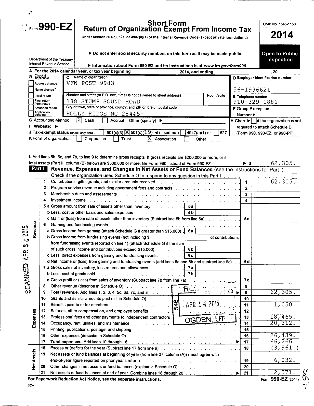 Image of first page of 2014 Form 990EO for VFW Post 9983