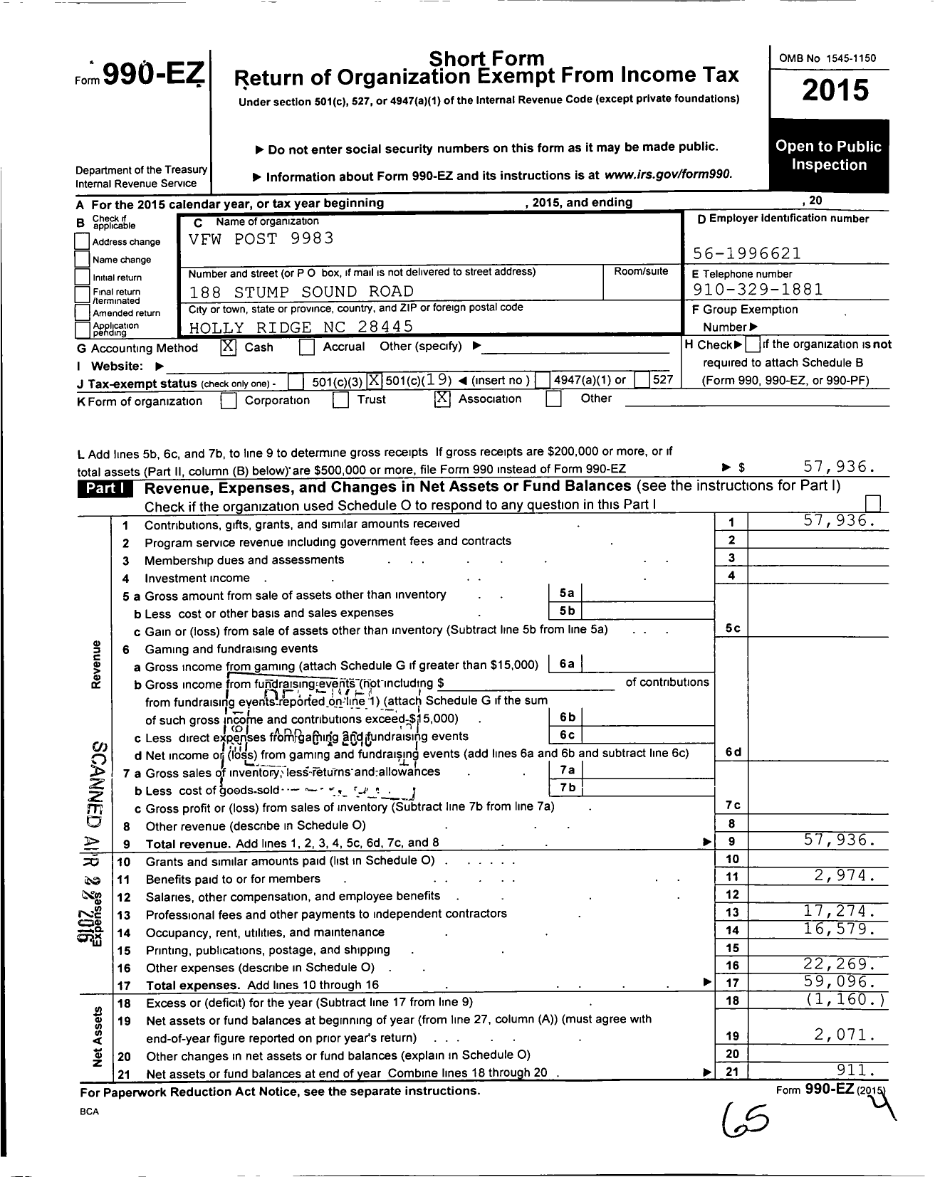 Image of first page of 2015 Form 990EO for VFW Post 9983