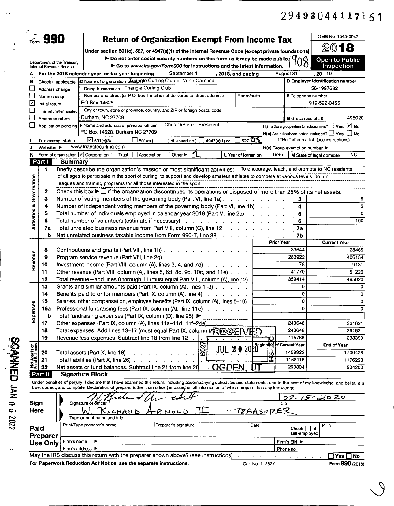 Image of first page of 2018 Form 990 for Triangle Curling Club of North Carolina