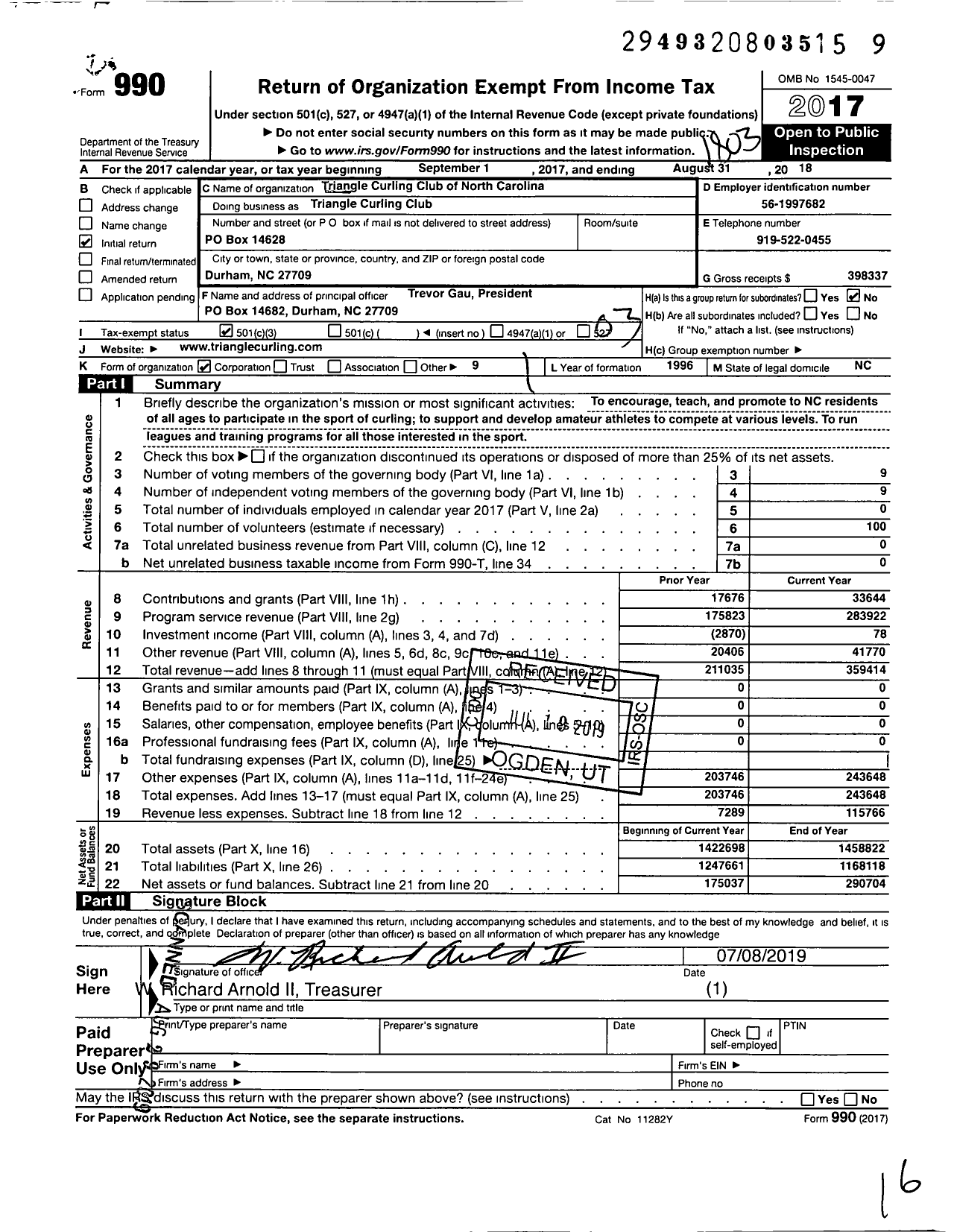 Image of first page of 2017 Form 990 for Triangle Curling Club of North Carolina