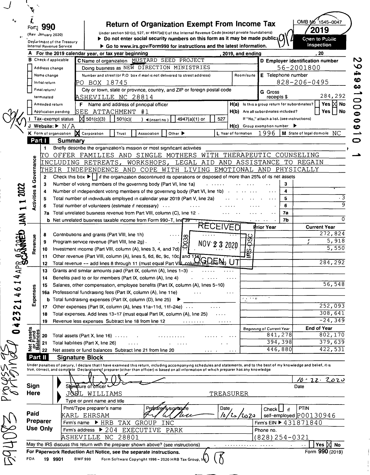 Image of first page of 2019 Form 990 for New Direction Ministries / Mustard Seed Project