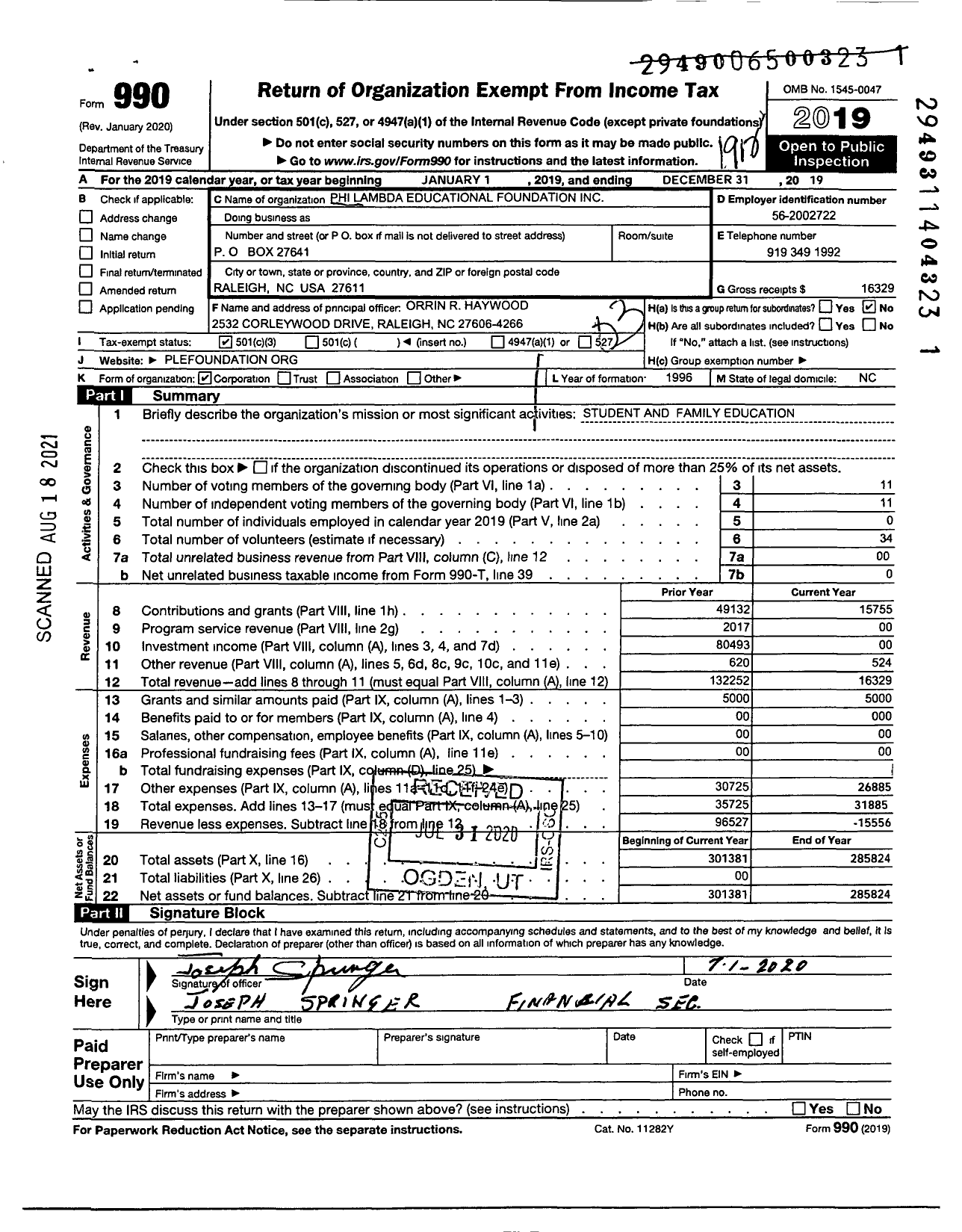Image of first page of 2019 Form 990 for Phi Lambda Educational Foundation