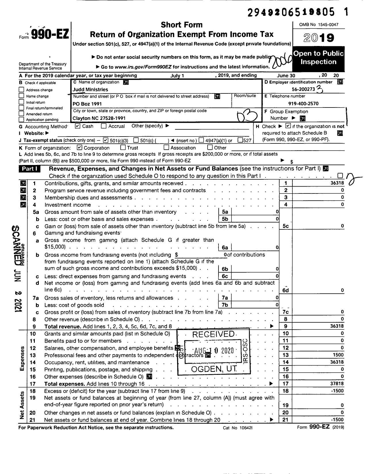 Image of first page of 2019 Form 990EZ for Judd Ministries