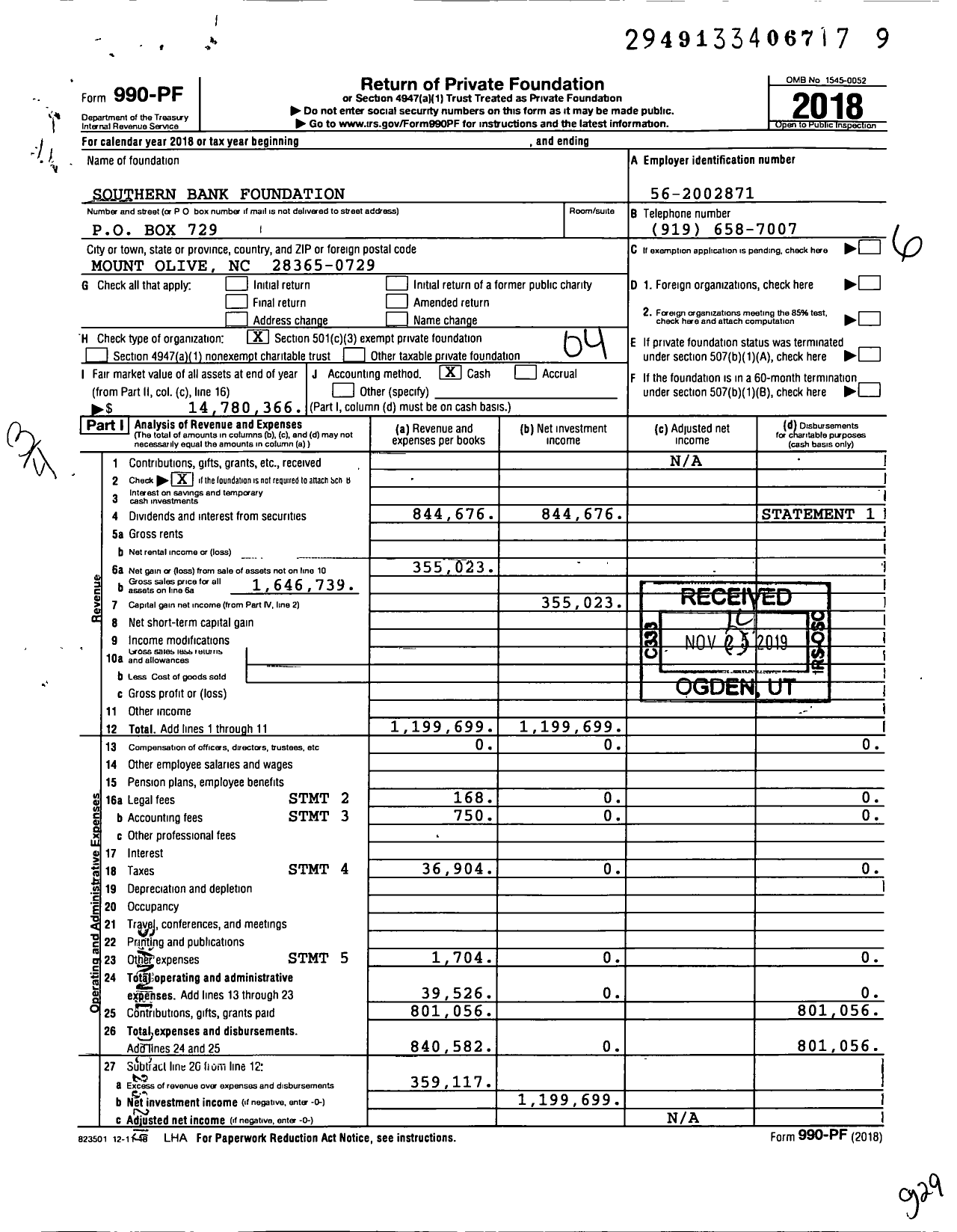 Image of first page of 2018 Form 990PF for Southern Bank Foundation