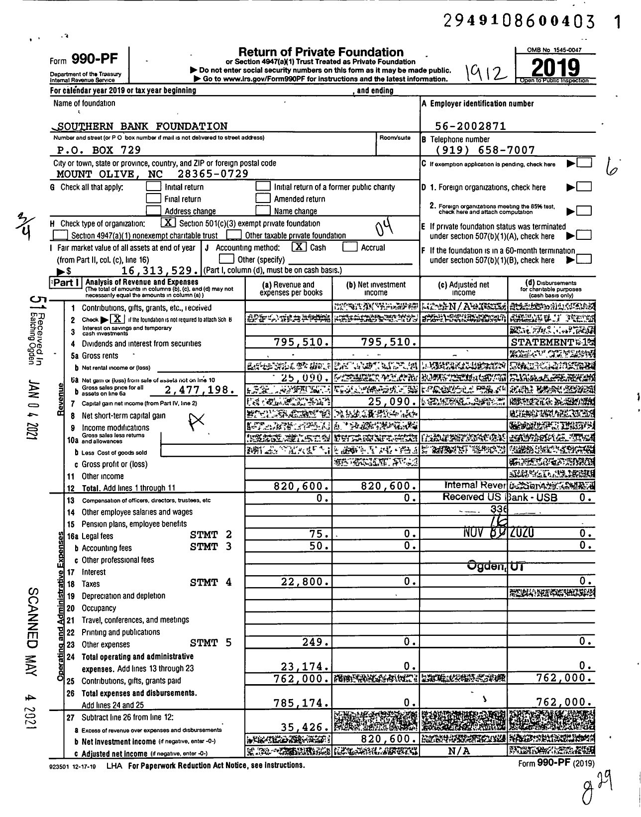 Image of first page of 2019 Form 990PF for Southern Bank Foundation