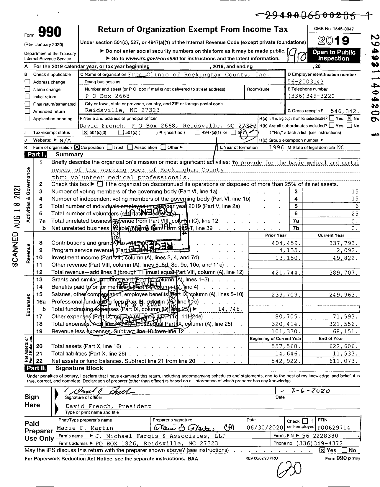 Image of first page of 2019 Form 990 for Free Clinic of Rockingham County