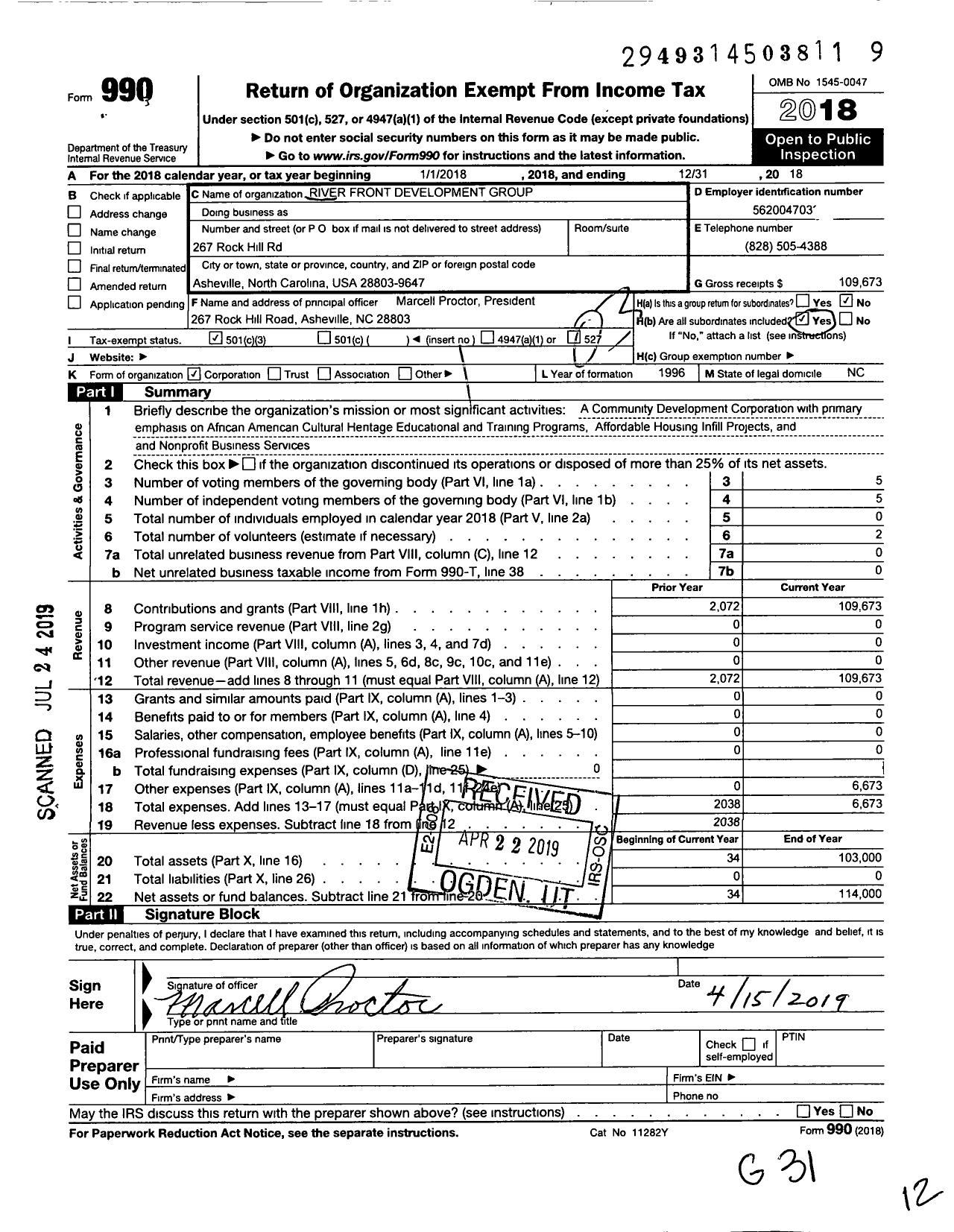 Image of first page of 2018 Form 990 for River Front Development Corp