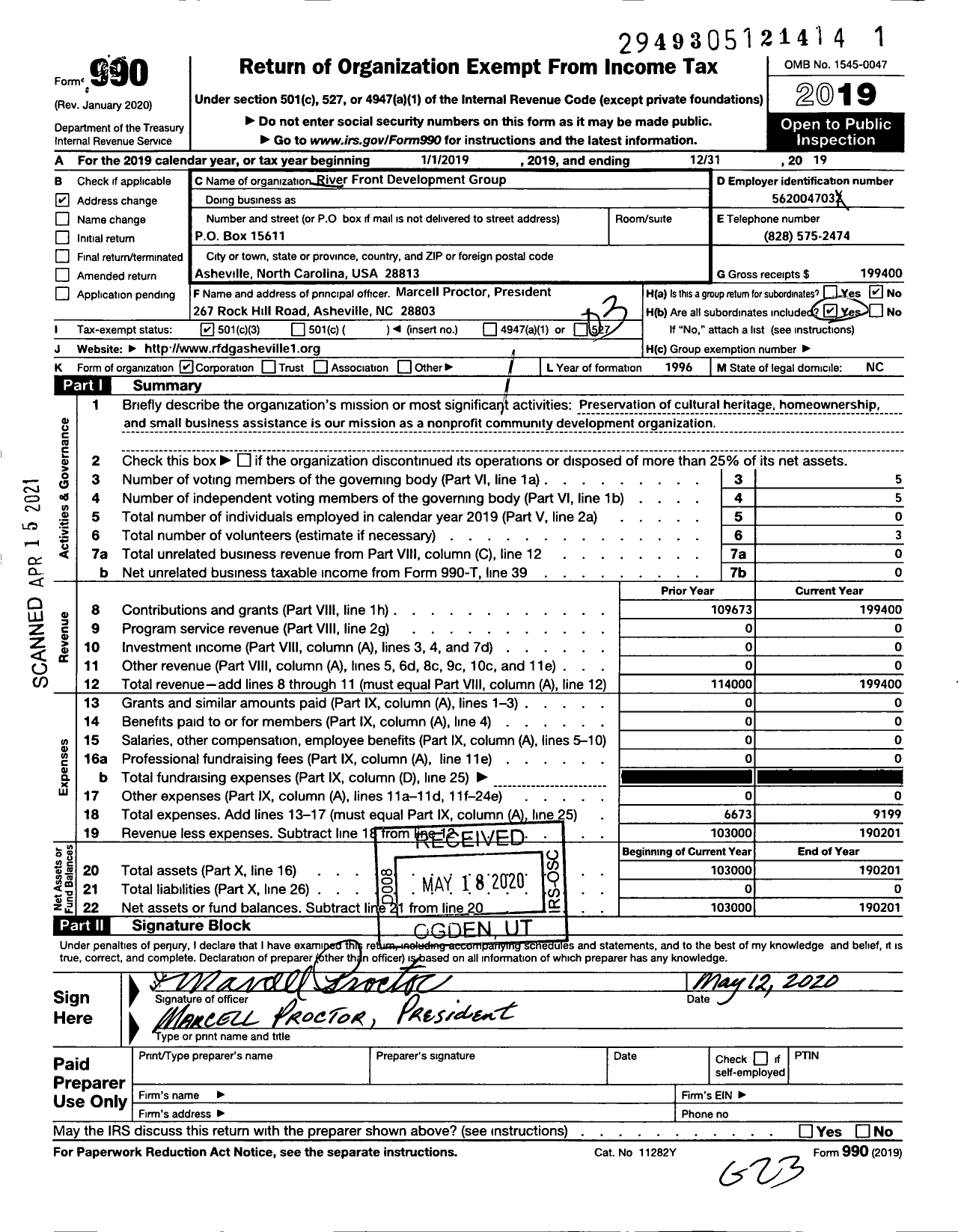 Image of first page of 2019 Form 990 for River Front Development Corp