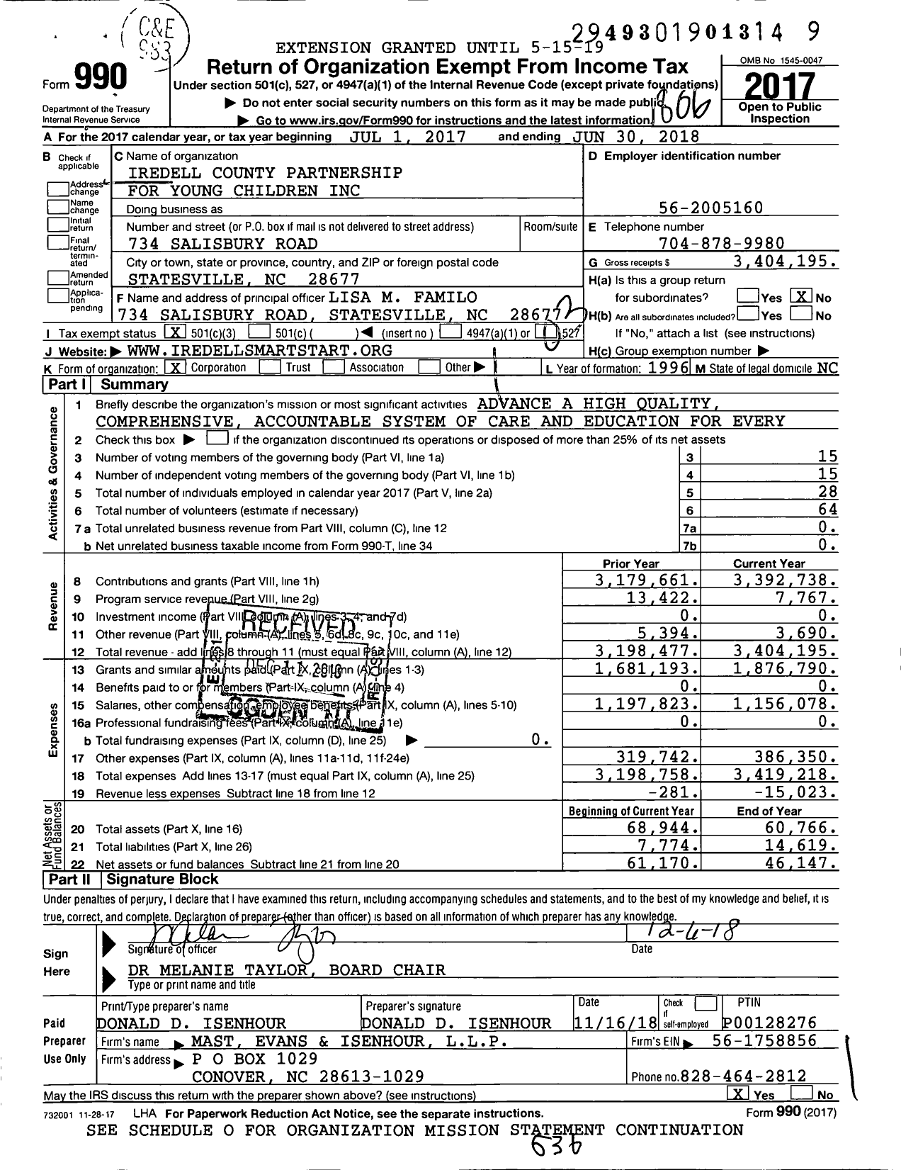 Image of first page of 2017 Form 990 for Iredell County Partnership for Young Children