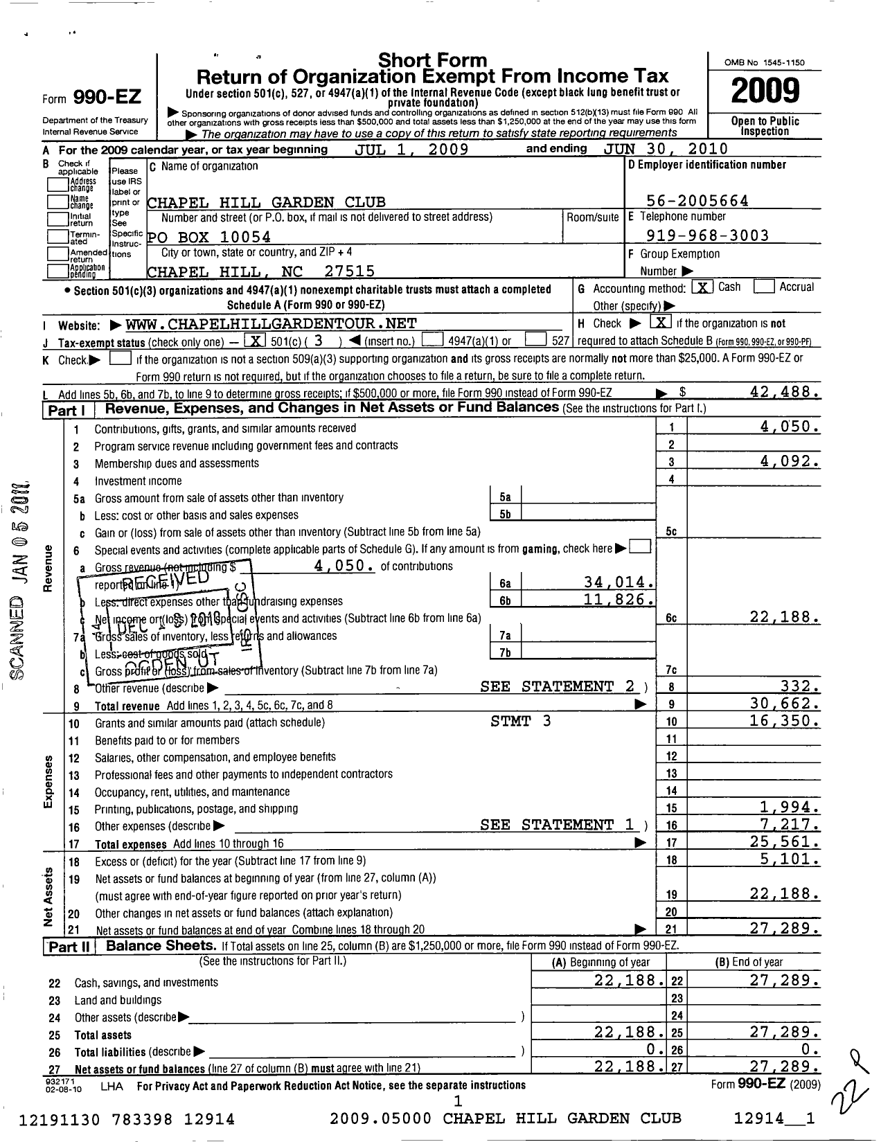 Image of first page of 2009 Form 990EZ for Chapel Hill Garden Club