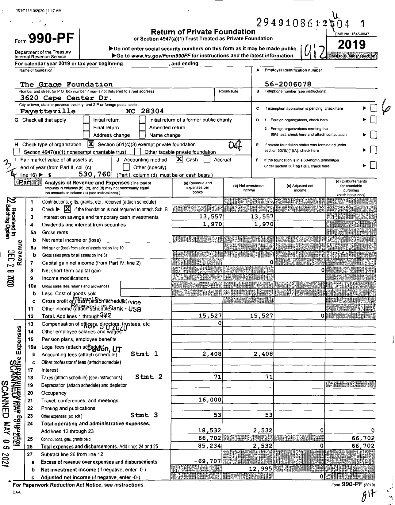 Image of first page of 2019 Form 990PF for The Grace Foundation