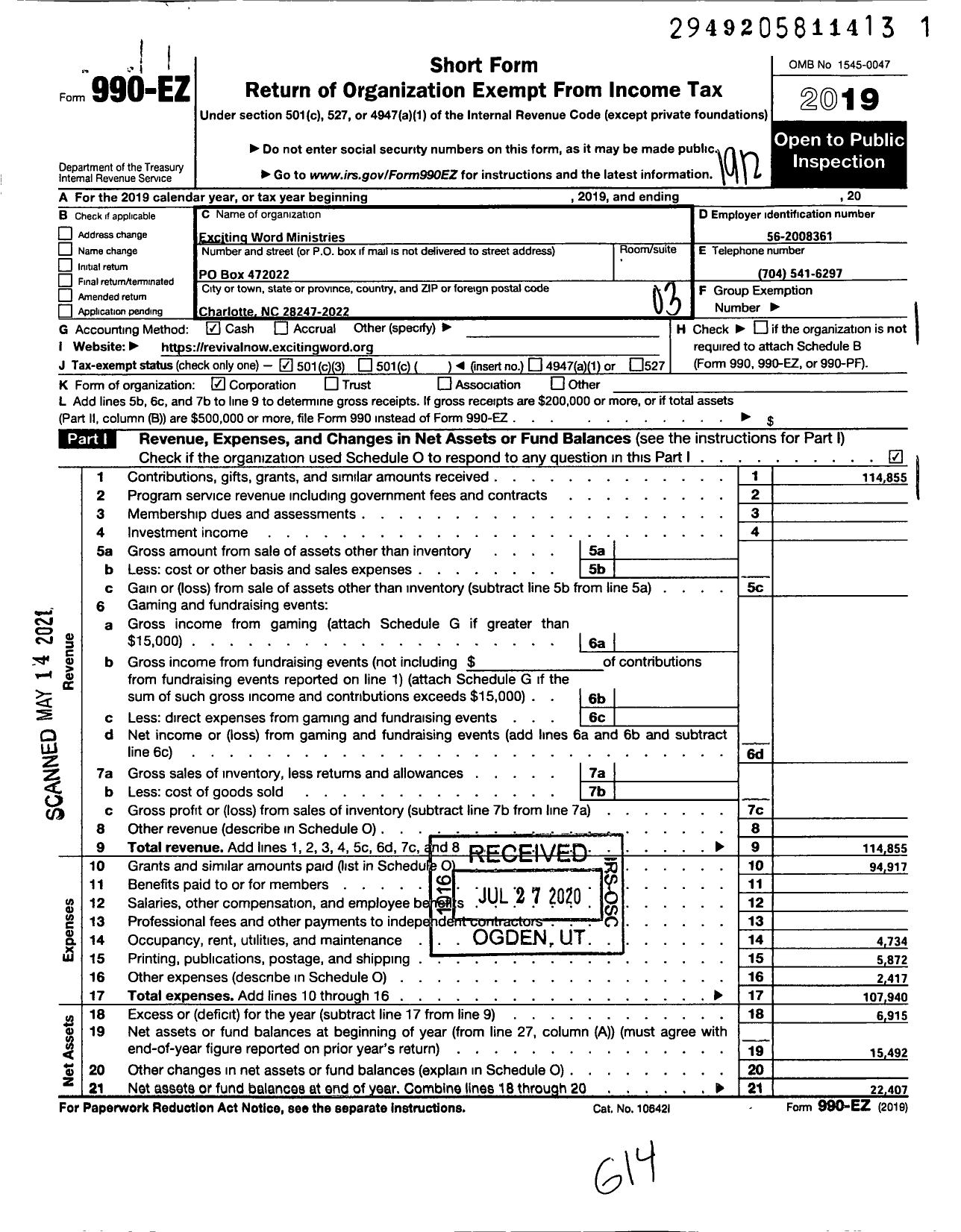 Image of first page of 2019 Form 990EZ for Exciting Word Ministries