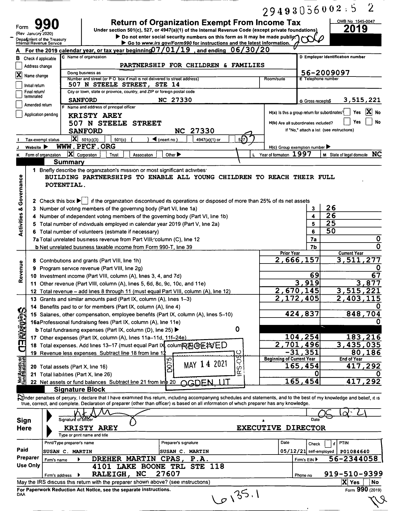 Image of first page of 2019 Form 990 for Partnership for Children and Families