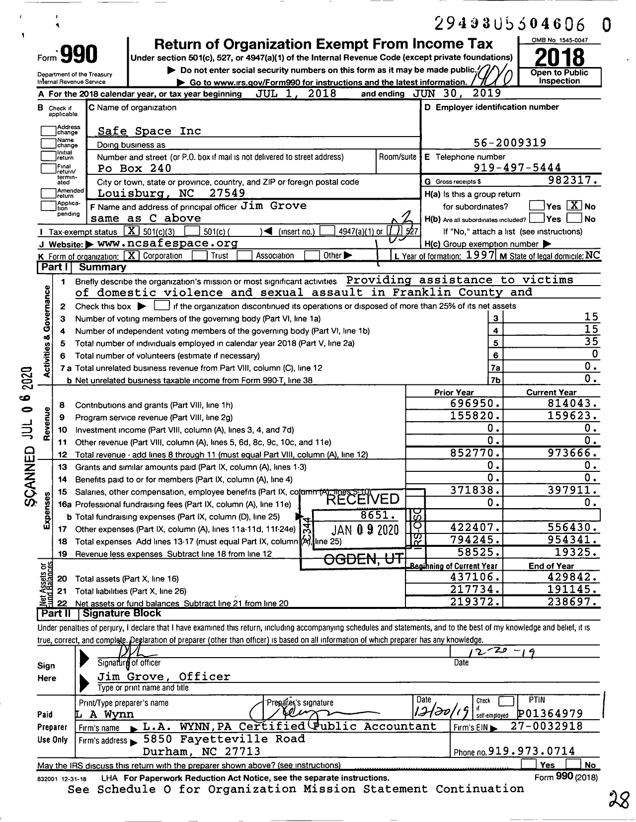 Image of first page of 2018 Form 990 for Safe Space