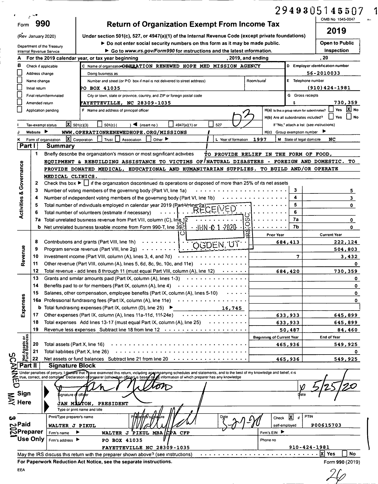 Image of first page of 2019 Form 990 for Operation Renewed Hope Med Mission Agency