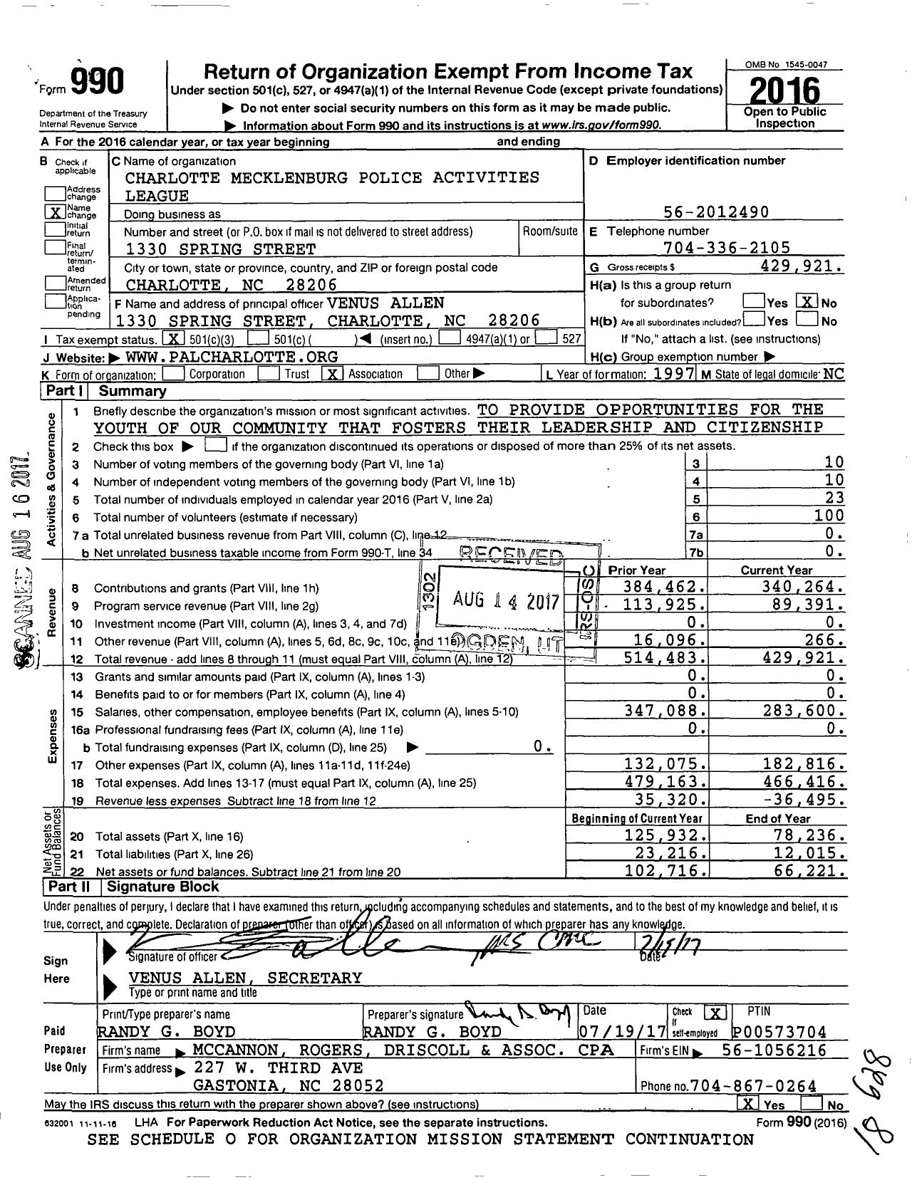 Image of first page of 2016 Form 990 for Charlotte Mecklenburg Police Activities Leauge